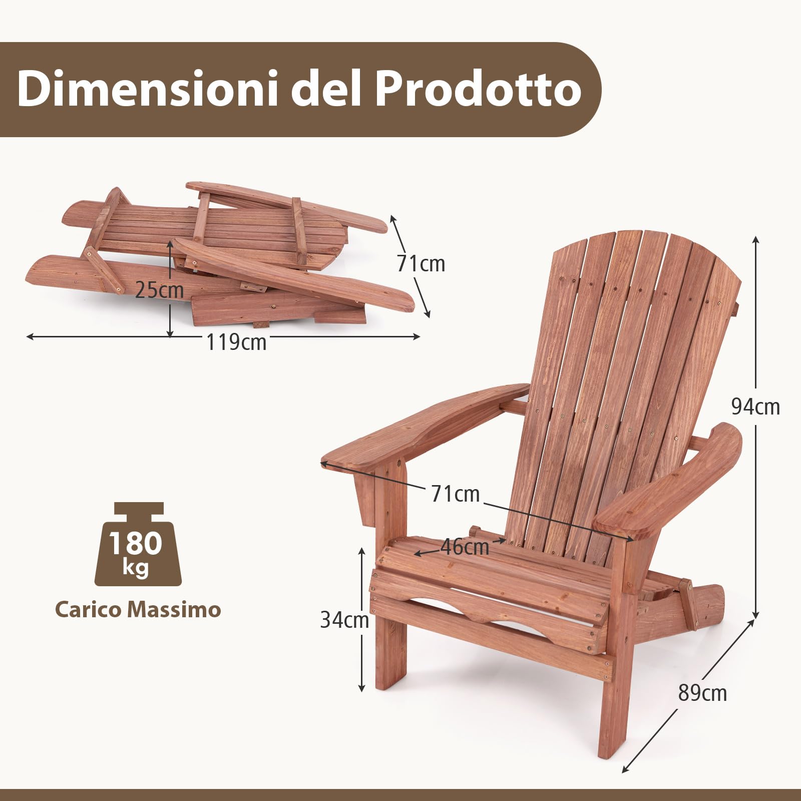 RELAX4LIFE Sedia Adirondack Pieghevole da Giardino in Legno, Max 180KG | Poltrona Bassa a Doghe con Braccioli, Schienale e Sedile Ampio, Esterno e Interno per Terrazza/Patio/Balcone