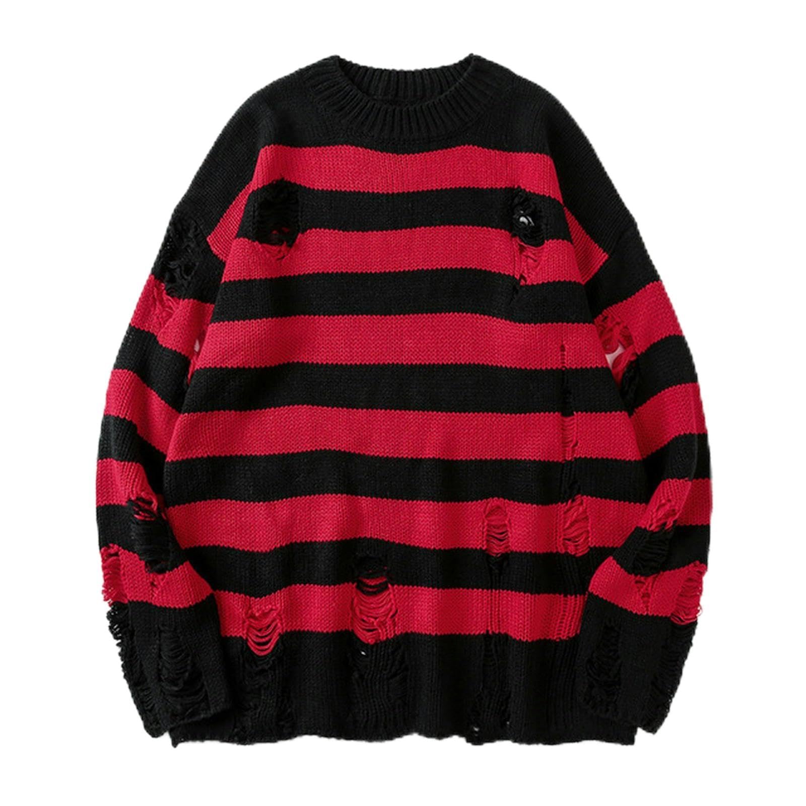Weiting Men's Red Black Striped Sweater Ripped Sweater Pullover Hollow Out Hole Knit Jumpers Punk Unisex Loose Oversized Pullovers Streetwear-S