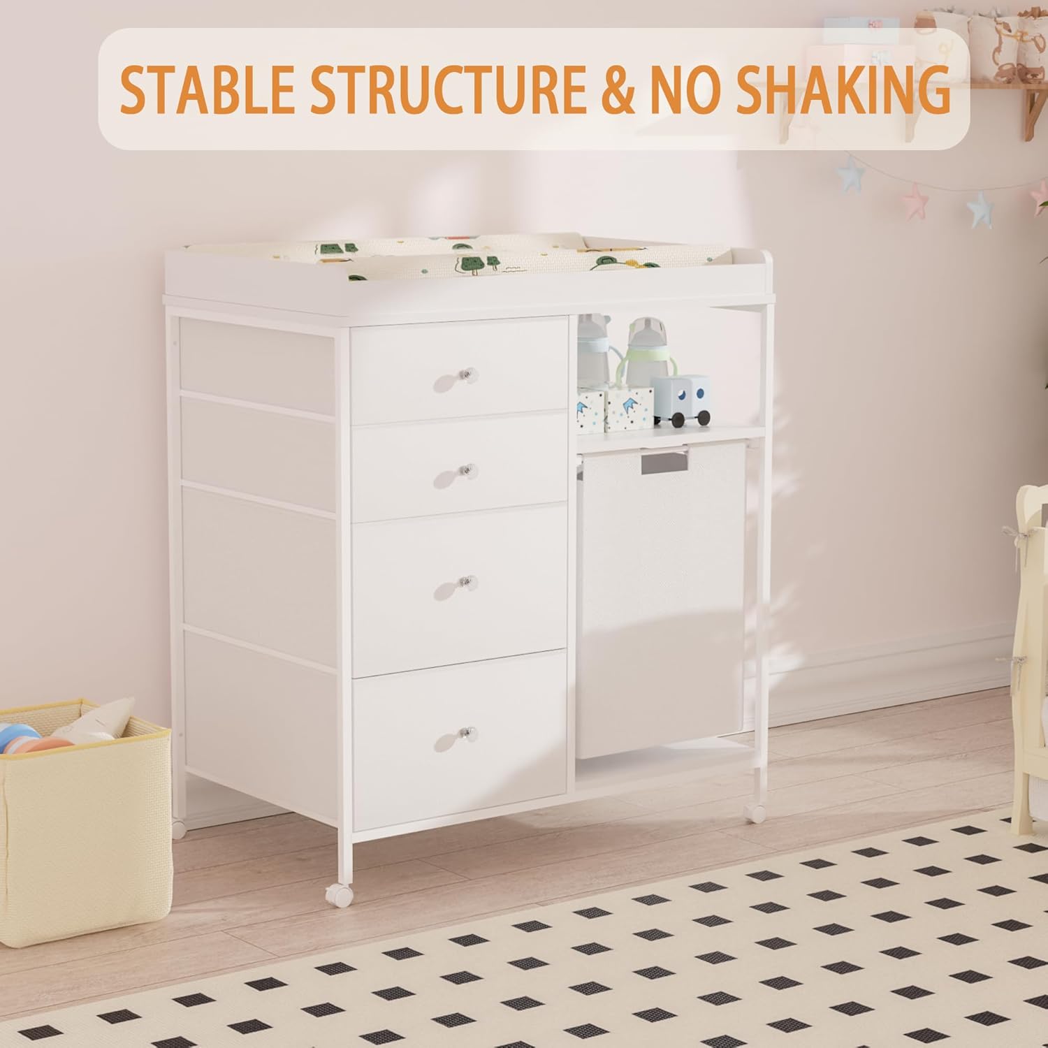 Diaper Changing Station with 4 Wheels Baby Nursery Dresser with 1 Open Shelf and 1 Laundry Hamper Baby Changing Station Dresser with Changing Table Top for Nursery