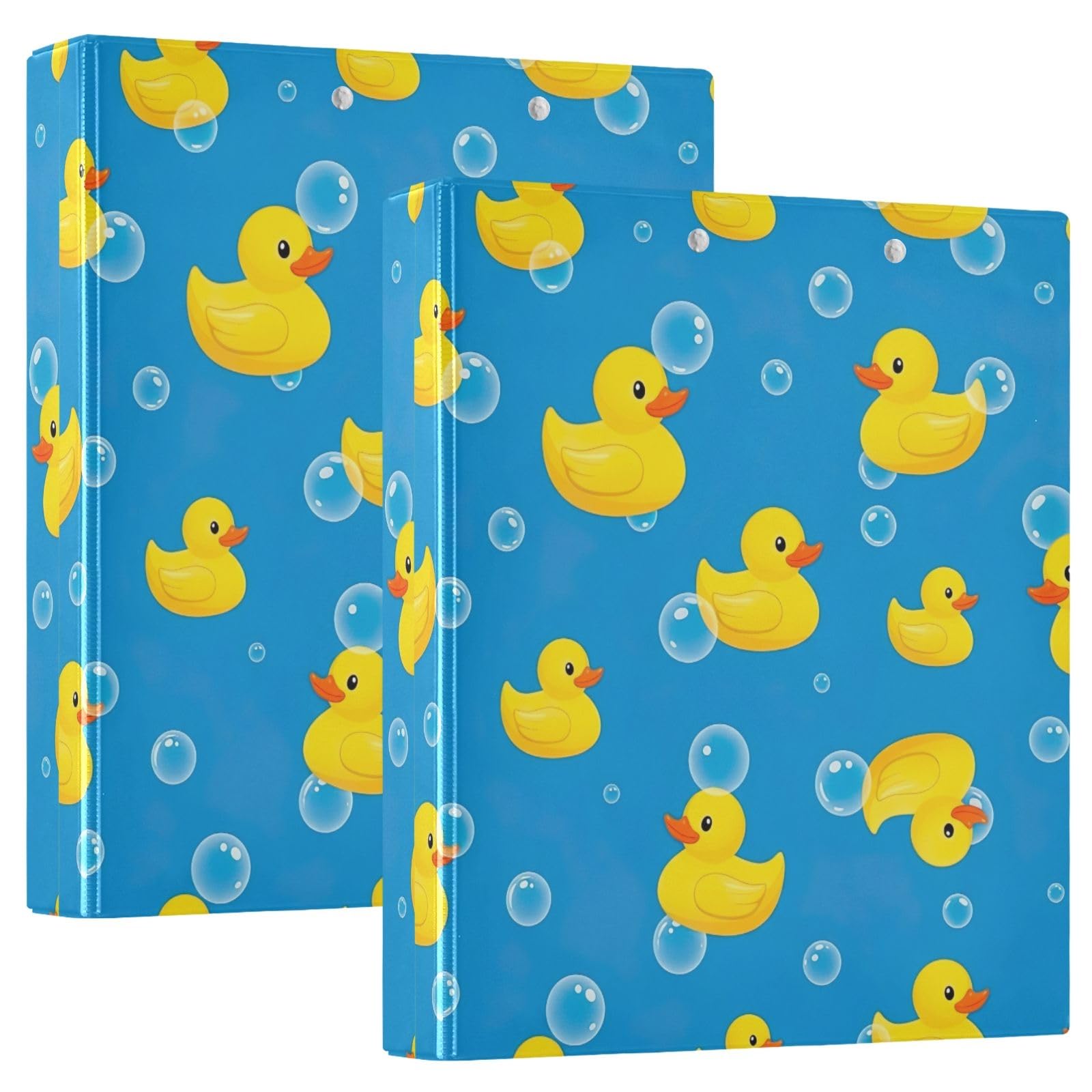 Confezione da 2 raccoglitori ad anelli a D, con motivo di anatre gialle, bolle bianche e blu, con portablocco, grandi, per scuola, università, ufficio