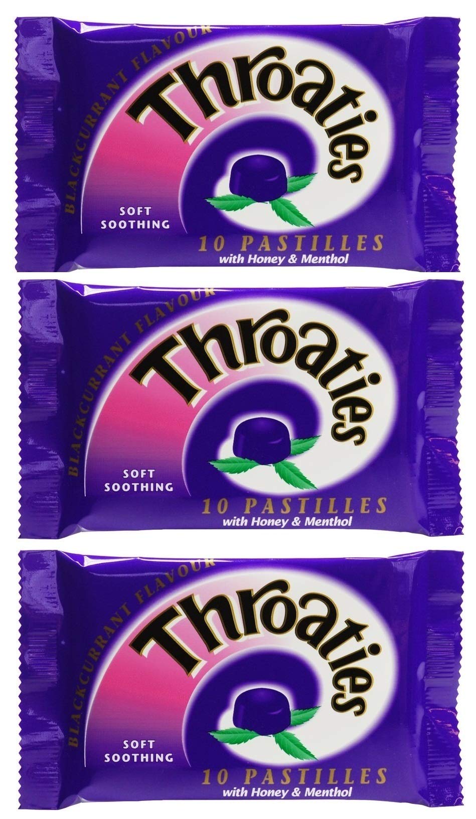 Throaties Blackcurrant Flavour with Honey & Menthol for Soft Soothing 10 Pastilles X 3
