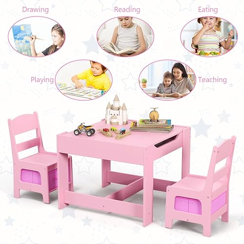 Miniatura 7 de KOTEK Juego de mesa y 2 sillas de madera para niños con pizarra y cajones de almacenamiento, mesa de actividades múltiples para niños para aprender,
