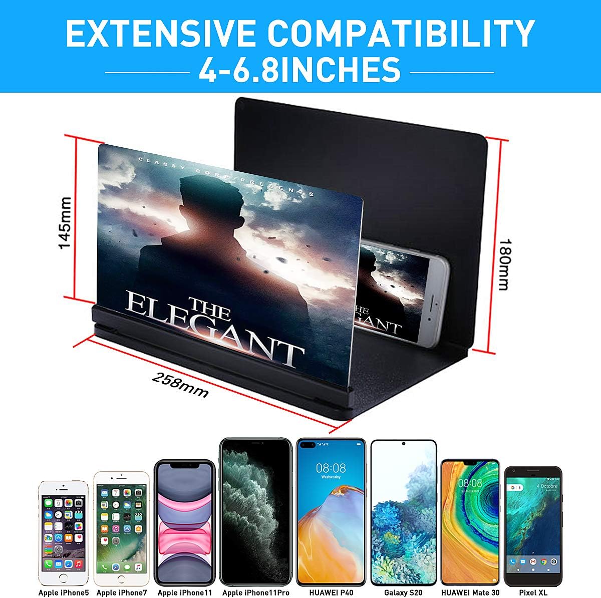 Screen Magnifier for Cell Phone, 14" Foldable Phone Stand with Phone Screen Magnifier,Smart Phone Magnifier Projector Screen for Movies, Videos, and Gaming(Black)