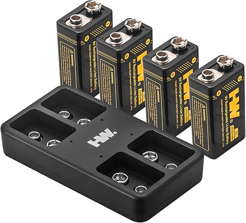HW Baterías recargables de 9 V, paquete de 4 baterías recargables de iones de litio de alto rendimiento de 9 voltios con cargador, recarga hasta