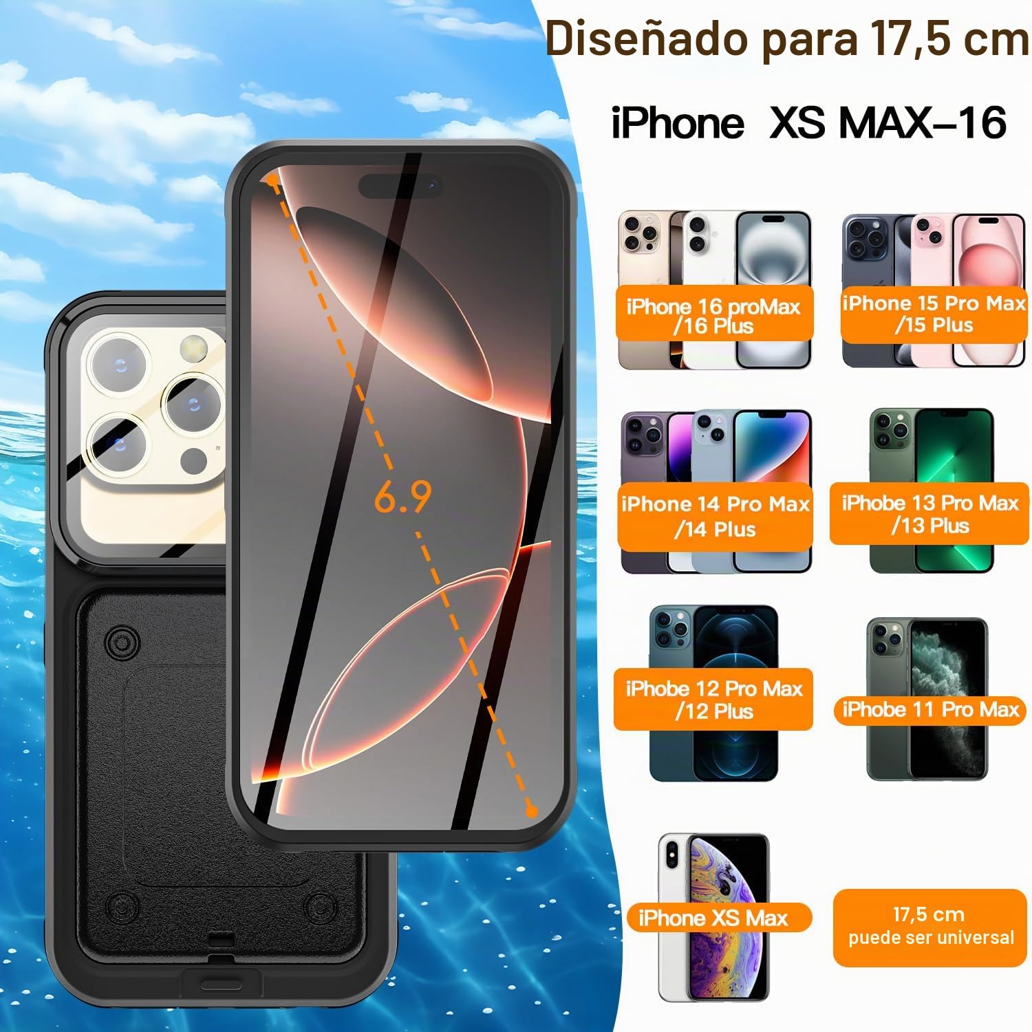 AICase Funda impermeable universal con función de autocomprobación, resistente al agua, funda impermeable para iPhone 16 Pro Max/Plus, 15 Pro Max, 14 Pro Max/13 Pro Max 6,9 pulgadas