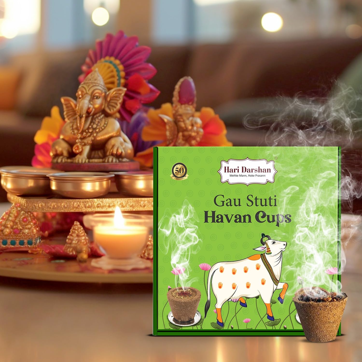 Hari Darshan Gau Stuti Sambrani Cup β 36 Cups | Pure & Natural Sambrani Dhoop Cup for Pooja Havan | Guggal Loban Dhoop with Soothing Aroma for Rituals & Festivals Pack of 3 (12 Each + Burner Plate) 3