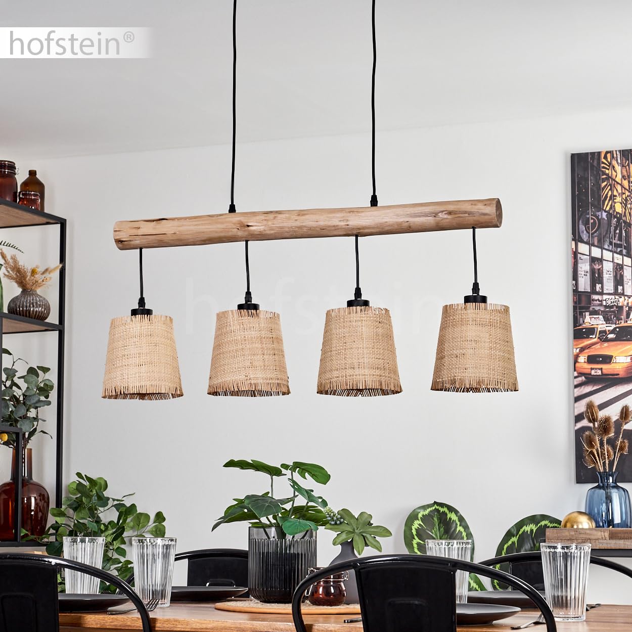 Lámpara colgante Soungou, moderna lámpara colgante de madera/metal/bastón en natural/negro/beige, lámpara colgante de 4 luces en diseño escandinavo, altura máx. 135 cm, 4 x E27, sin bombillas