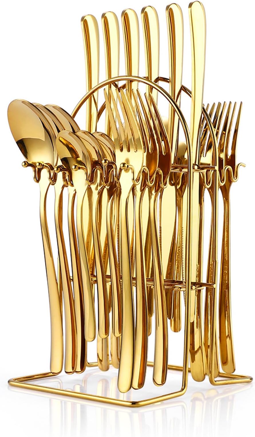 24 Pieces Flatware Set, Stainless Steel Cutlery Set with Silverware Holder, Spoons Forks Knives Set,Hanging Silverware Set Service for 6,Dishwasher Safe (Gold)