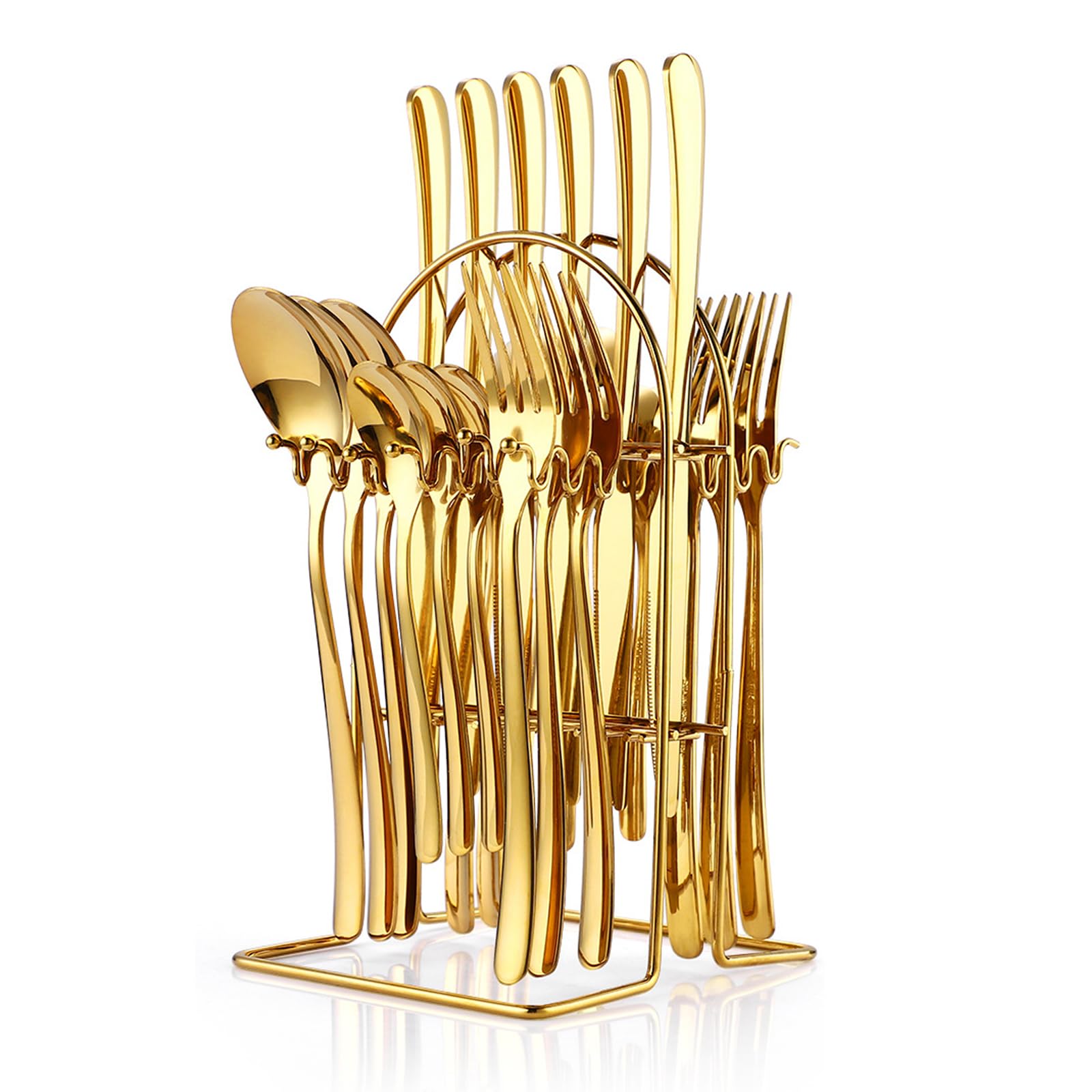 24 Pieces Flatware Set, Stainless Steel Cutlery Set with Silverware Holder, Spoons Forks Knives Set,Hanging Silverware Set Service for 6,Dishwasher Safe (Gold)