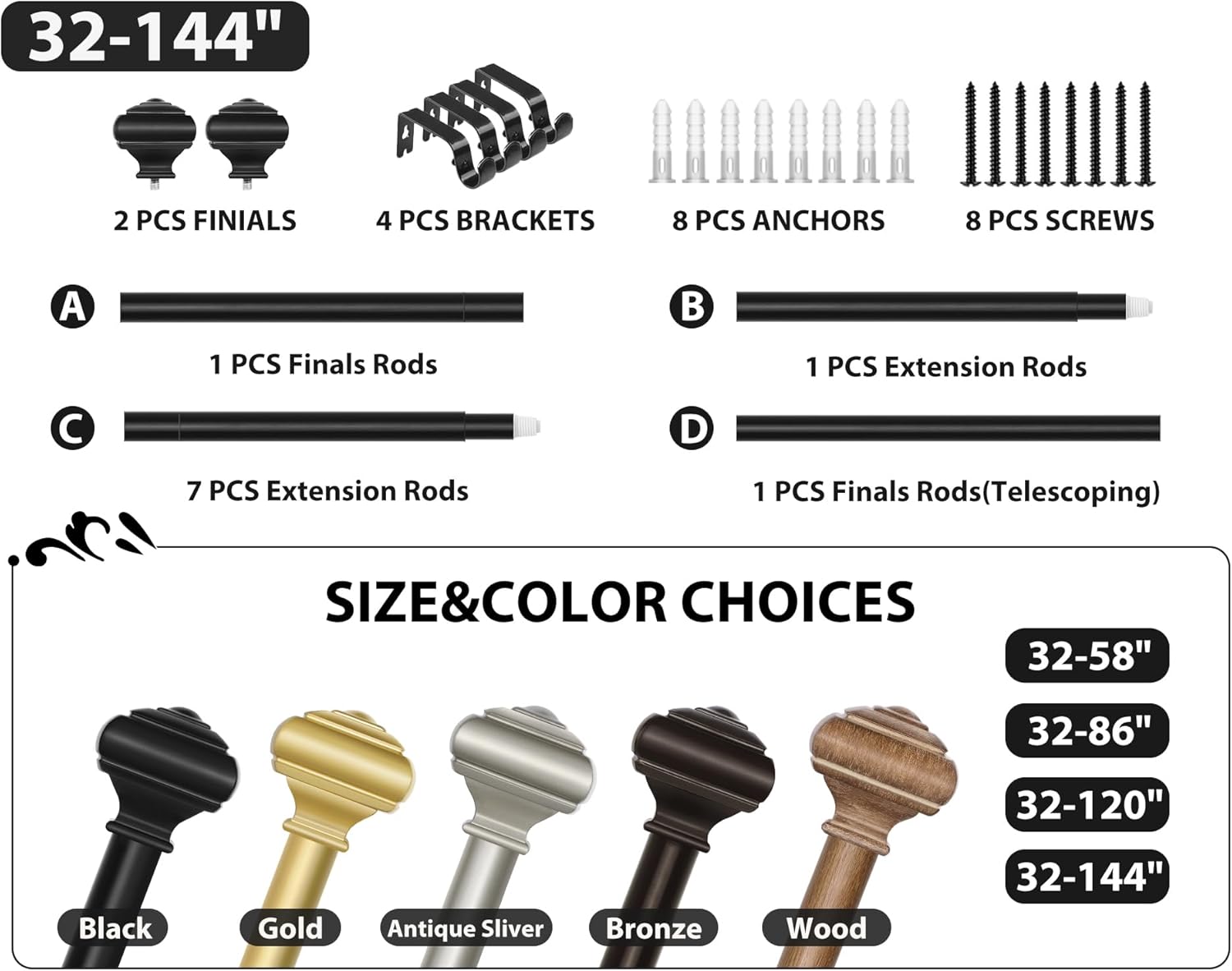 Decorative Black Curtain Rods for Windows 72 to 144 Inches(6-12ft), USFOOK 7/8 Inch Long Curtain Rod 32 to 144 Inches, Heavy Duty Single Drapery Rods, Square End