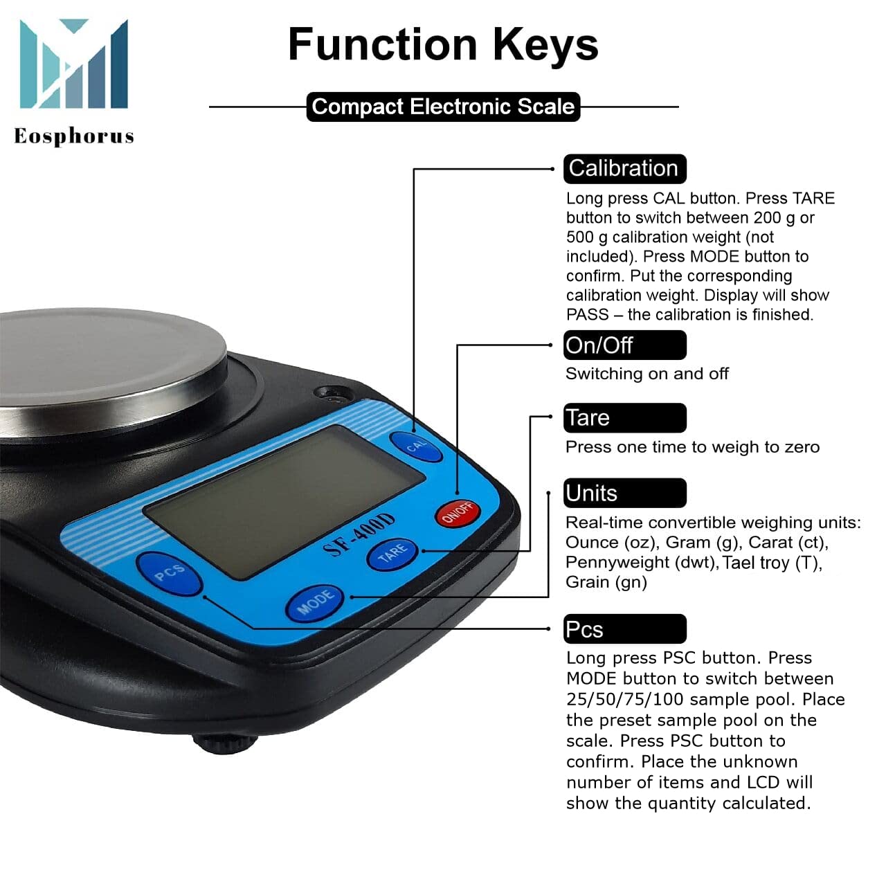Eosphorus Bilancia di Precisione 600g/0,01g con Piatto Rotondo, Bilancia Digitale per Laboratorio, Scuole e Chimica, Funzione Conteggio, Unità g/oz/ct, Ricarica USB e Adattatore
