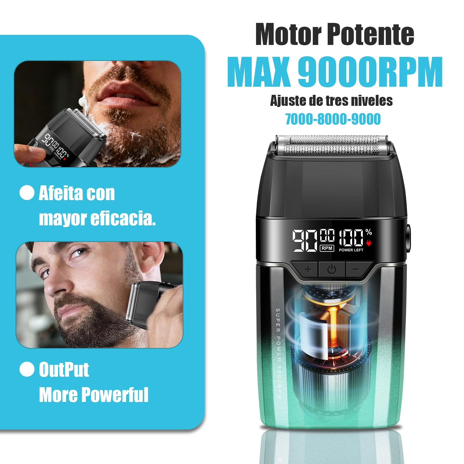 VGR 308 Afeitadora Electrica Hombre InaláMbrica, Shaver Barberia, Verde | Doble Capa de LáMina Flotante de Titanio y Motor de 9000RPM, Maquina de Afeitar Hombre Compacta con Pantalla LED, Carga USB