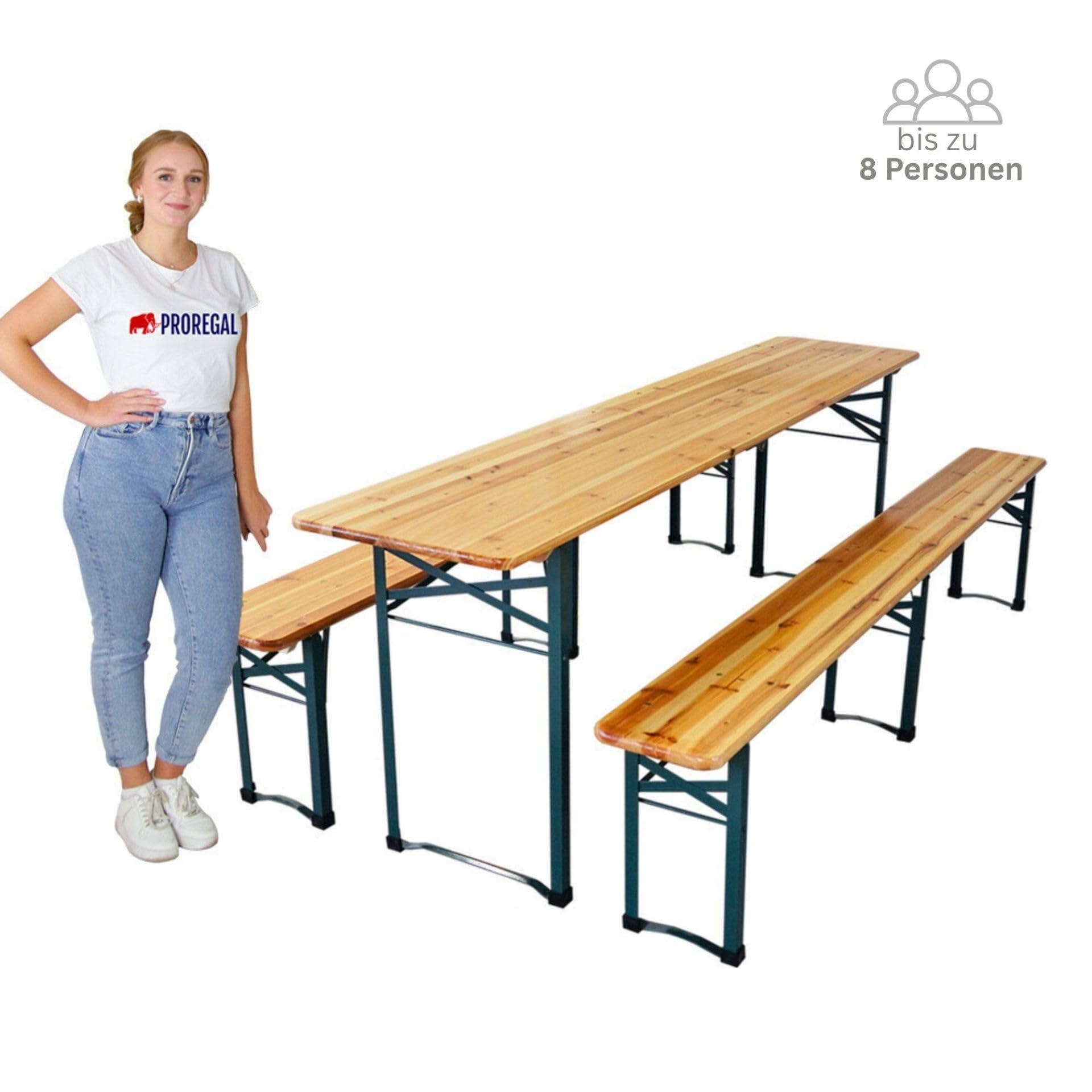 CHEFGASTRO Bierzeltgarnitur mittig klappbar 220 cm breit 3-teilig 1x Tisch 2X Bierbank, lackiertes Holz inkl. 16x Bodenschoner aus Kunststoff Biertischgarnitur Festzeltgarnitur Gartenmöbel-Set