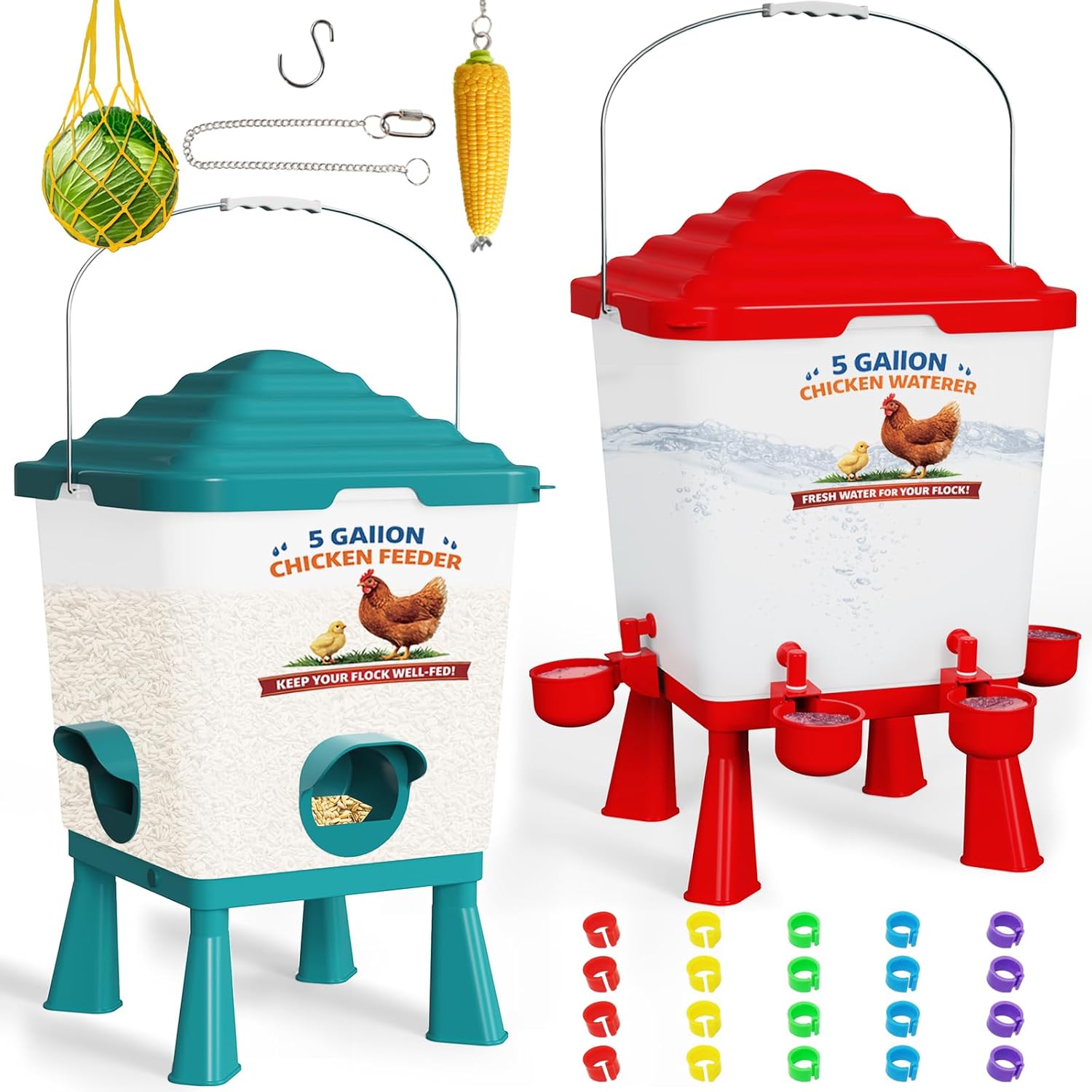 Chicken Feeder and Waterer Set, 5 Gallon Automatic Chicken Waterer with Cups, 40LB Large Chickens Feeders No Waste, Chicken Coop Accessories, Poultry Feeder & Chicken Watering System for Ducks, Quails