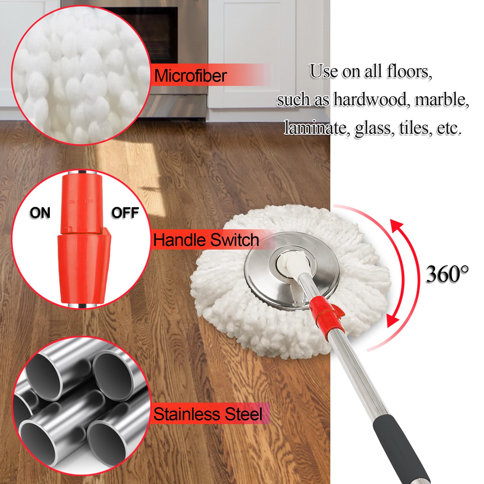 Juego de fregona giratoria y cubo, fregona y cubo con juego de escurridor, kit de fregona giratoria de 360° con 2 cabezales de repuesto de fregona de microfibra adicionales, sistema de cubo giratorio