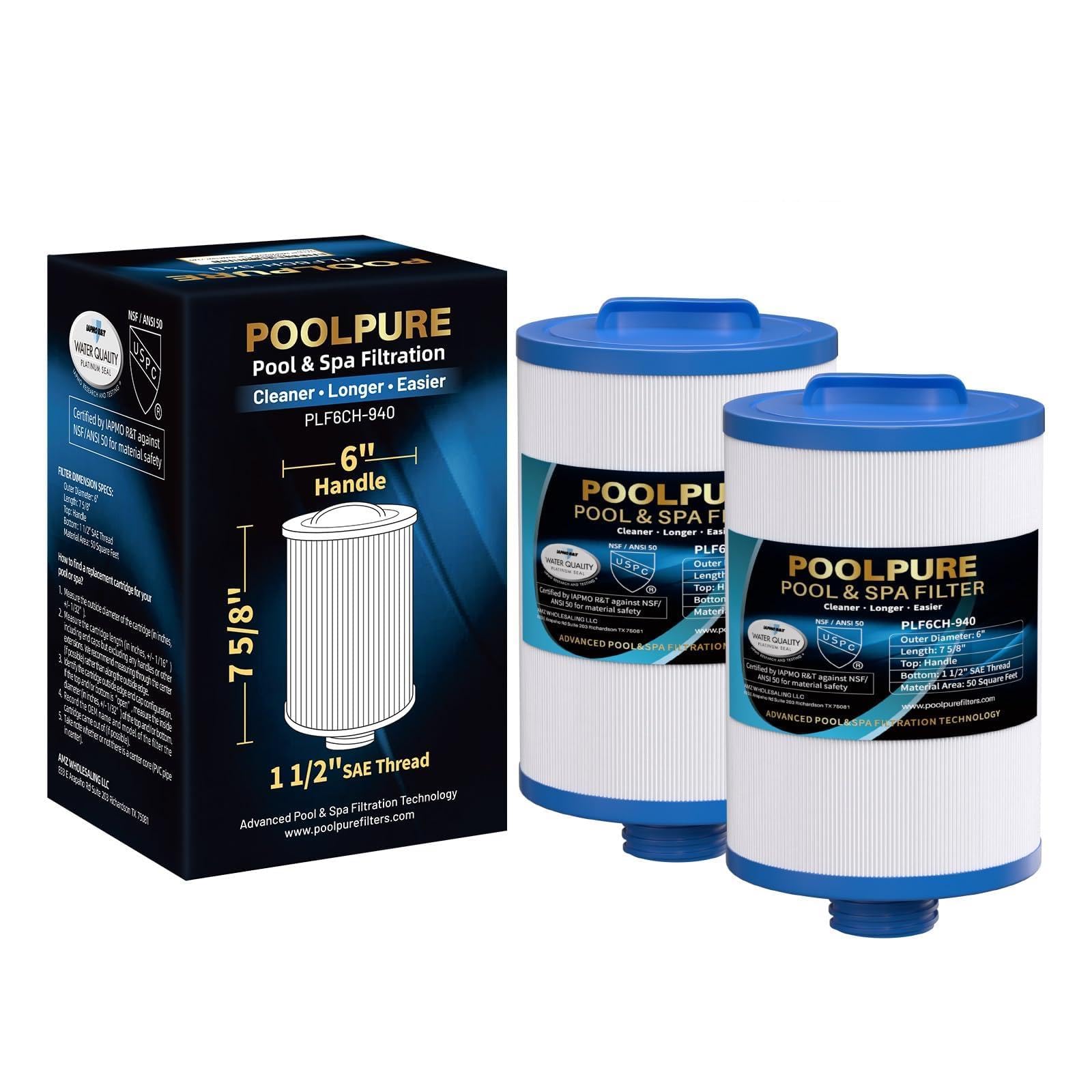 POOLPURE Filtro Spa 6CH-940 sostituisce PWW50P3 (Filettatura Grossa 1 1/2"), 817-0050, Filbur FC-0359, 25252, 03FIL1400, Skimmer ad Accesso Frontale per Vie d'Acqua, Filtro filettato SAE a Vite