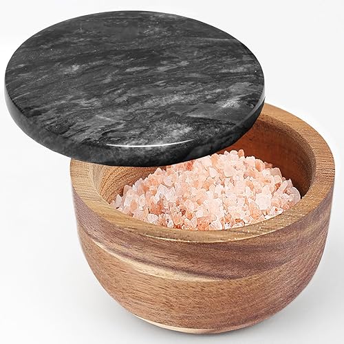 Caja de sal de madera grande bodega de sal con cuchara condimentos condimentos conservador de sal sólida base de acacia natural negro tapa de mármol