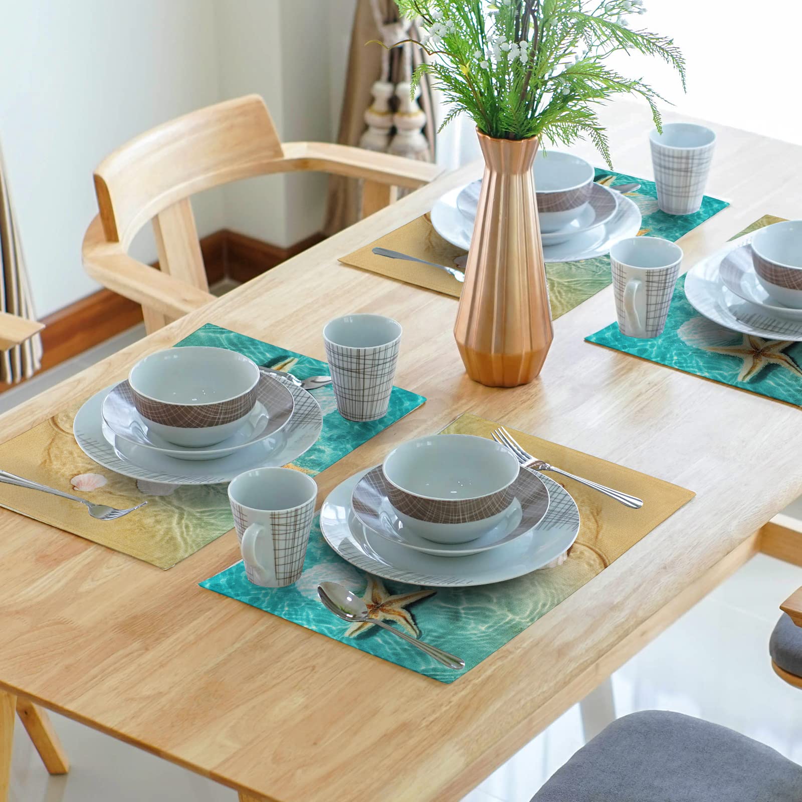 Lot De 4 Sets De Table Bois Côtier Bleu/Marron 45x30 Cm - Motif Planche De Bois, Protection Table Anti-Taches Pour Cuisine, Salle à Manger