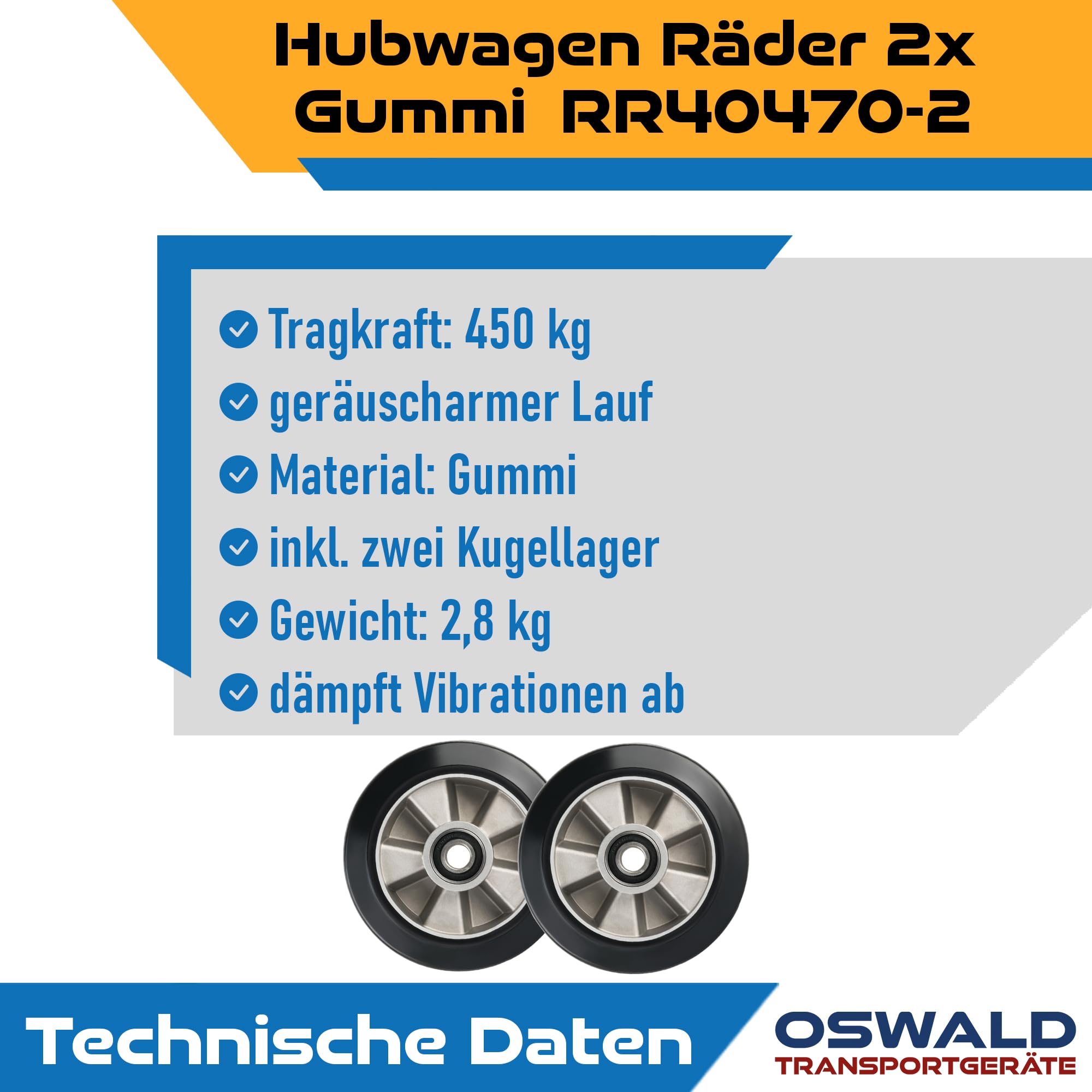 2 Stück Hubwagenräder Gummi 200 x 50/50 mm, Achse 20 mm - Ersatzrad inkl. Kugellager