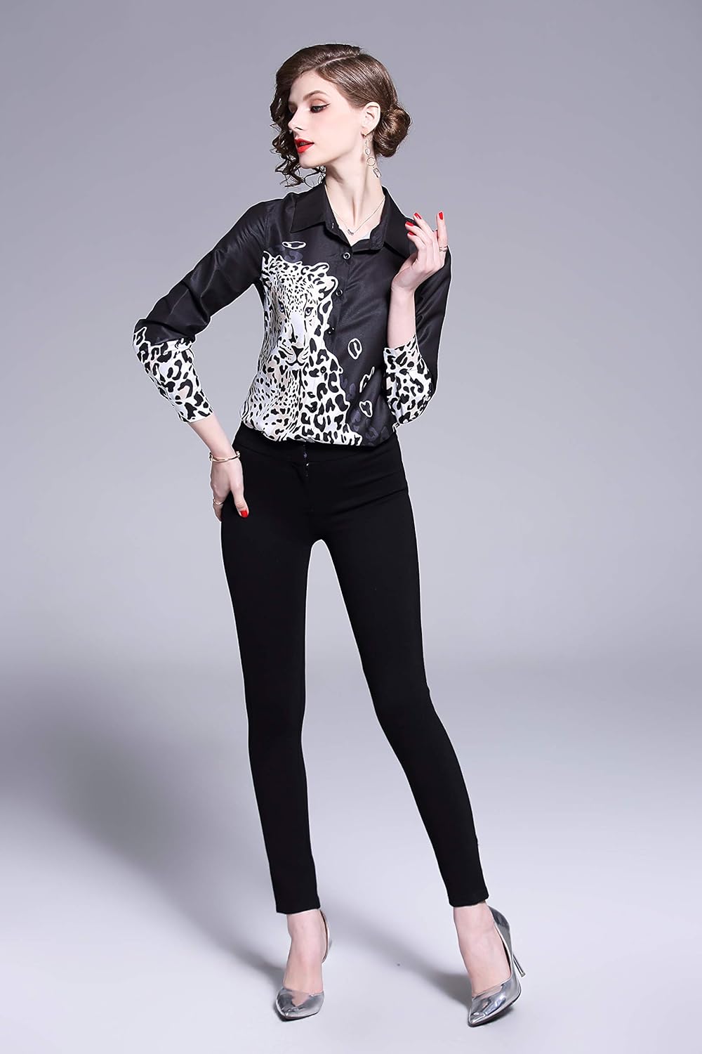 LAI MENG FIVE CATS Women's Shirt Floral Print Long Sleeve Button Down Casual Blouse Top - Image 4