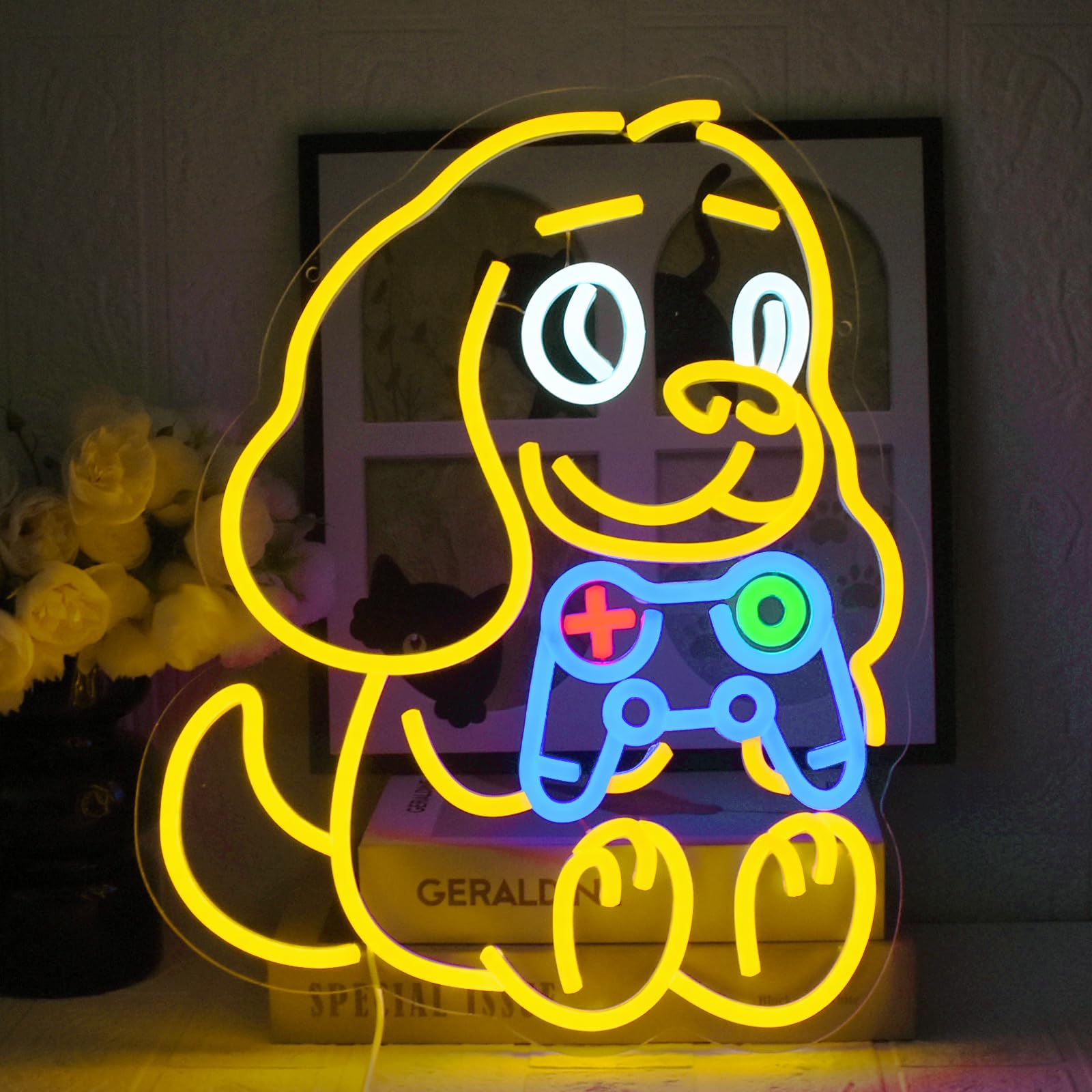 UExnkj-Y Dog Game Neon Sign Dog Neon Signs Gaming Neon Sign LED Game Neon Light Cute Puppy Neon Sign USB Dimmable Neon Lights for Game Zone Game Room Living Room Bedroom Pet Shop