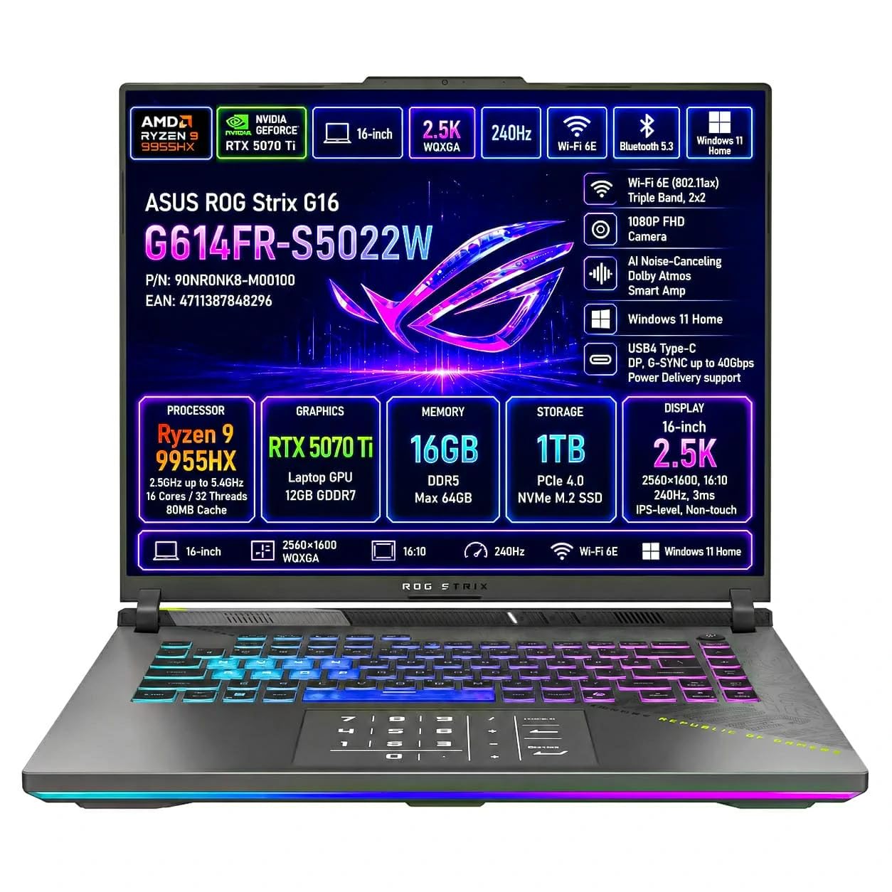 ASUS ROG Strix G16 G614FR-S5022W AMD Ryzen 9 9955HX 16GB NVIDIA GeForce RTX 5070 Ti SSD 1TB 16'' 2.5K WQXGA Win11 Home