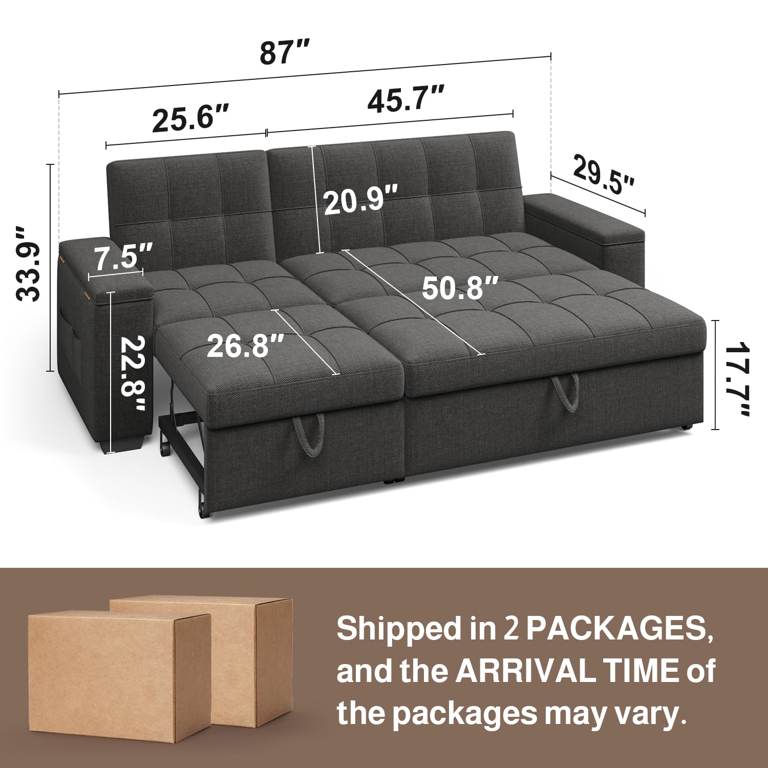 87" Convertible Sofa Bed, Pull Out Couch for Small Spaces, Dark Gray | Space-Saving Sleeper, Pull-Out Design, Adjustable Backrest, Wide Armrests with Storage, Plush Cushions for Small Spaces
