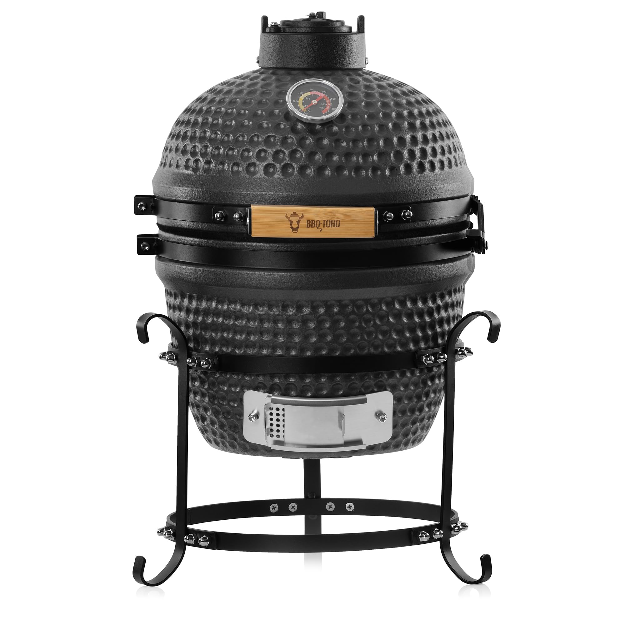 BBQ-Toro Barbacoa de Carbón Kamado "Haiiro" | Ø 32 cm | Barbacoa con Termómetro y Asas de Madera | Color Gris Mate, Bubble Frosted Glaze | Parrilla de Cerámica Kamado, Mini Parrilla de Carbón