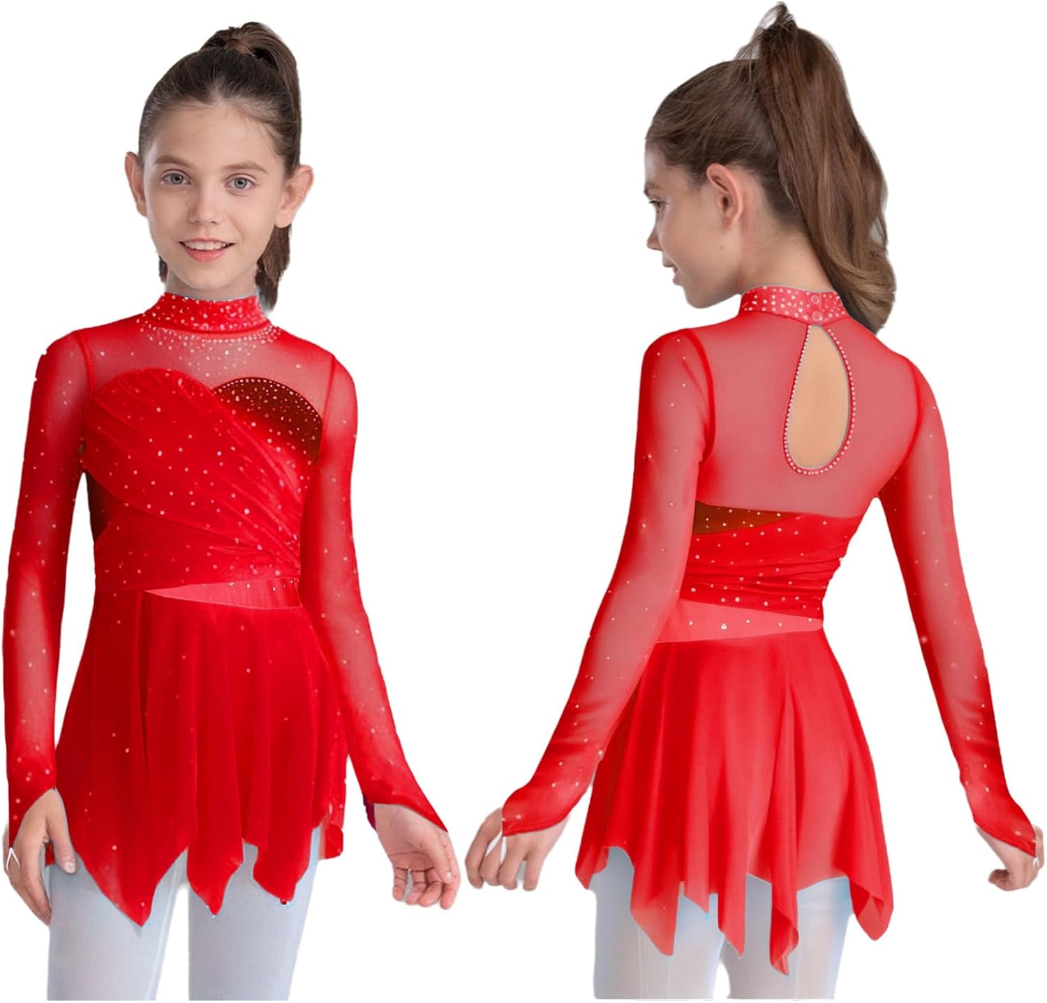 Kids Girls Ballet Gymnastic Leotard Irregular Skirt Modern Jazz Lyrical Dance Dress Figure Ice Skating Outfit