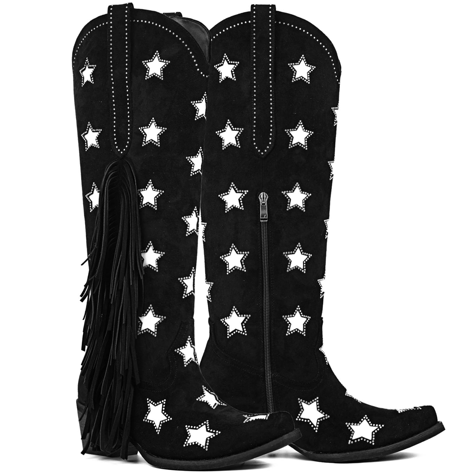 Yolkomo Womens Knee High Cowboy Boots with Fringe Western Cowgirl Boots with Rhinestones Stars