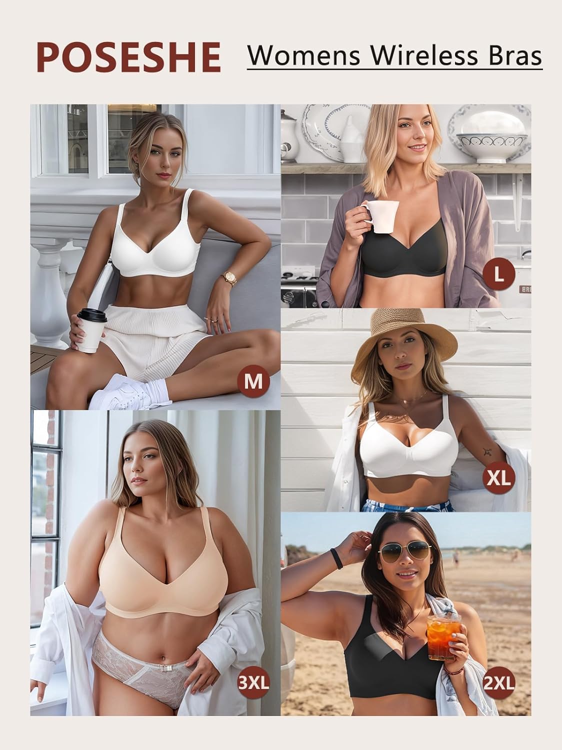 POSESHE Womens Wireless Bras Comfortable Supportive Tshirt Bra No Underwire Seamless Push Up Everyday Adjustable Bralettes - Image 6