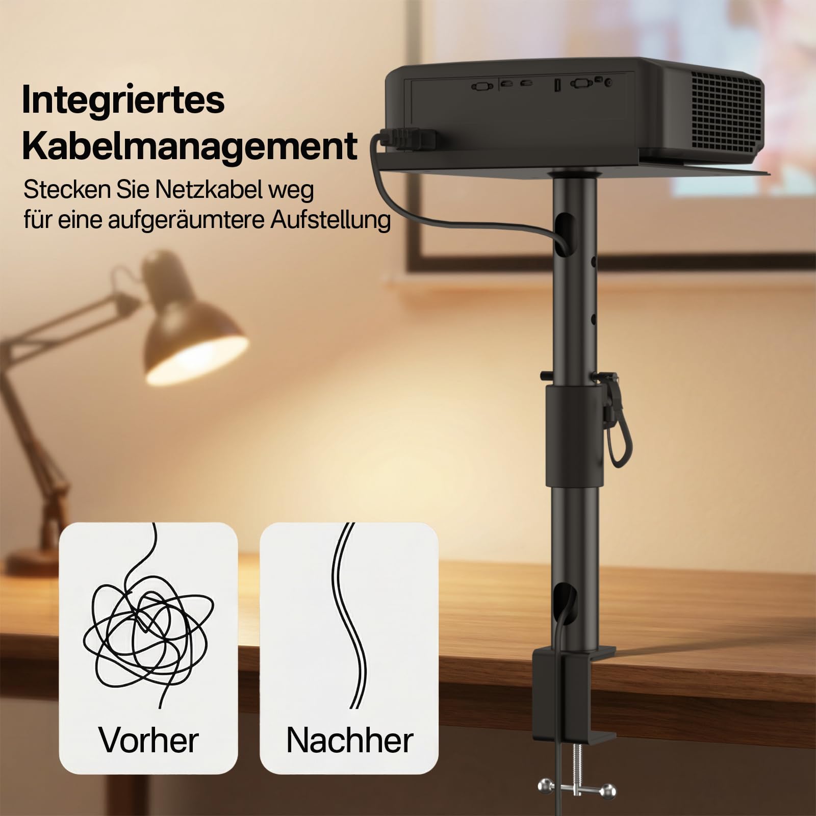 Support de Bureau Réglable en Hauteur, Inclinaison et Pivotement pour Projecteurs Aurzen, Nebula, XGIMI, VANKYO, Epson et la Plupart des Modèles - Support de Projecteur à Fixation par Pince sur Bureau