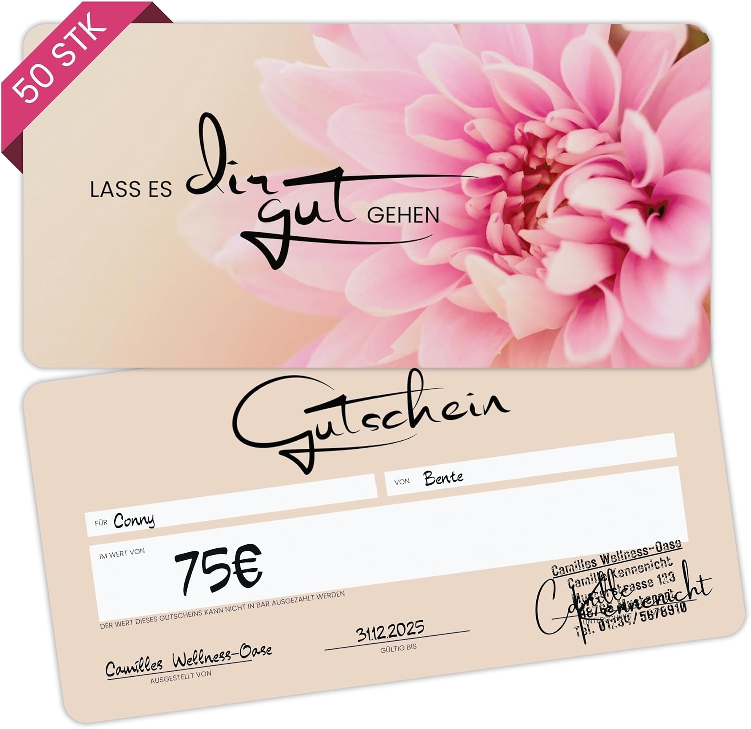 Voucher Cards to Fill Yourself (Set of 50, DIN Long) - Blank Voucher to Fill in as a Template for Massage, Cosmetics, Hairdressers and Others - Voucher Templates Neutral and Elegant - Pink Lotus