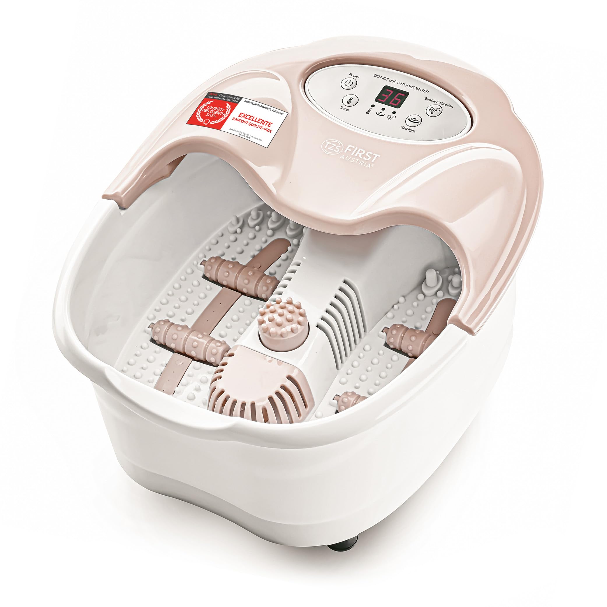 TZS First Austria - Bain de Pieds avec Massage - 450W - Écran LED & Lumière Rouge - Jusqu'à la Pointure 43 - 3 Accessoires, Protection Anti-Éclaboussures & Boîte à Arôme - Beige