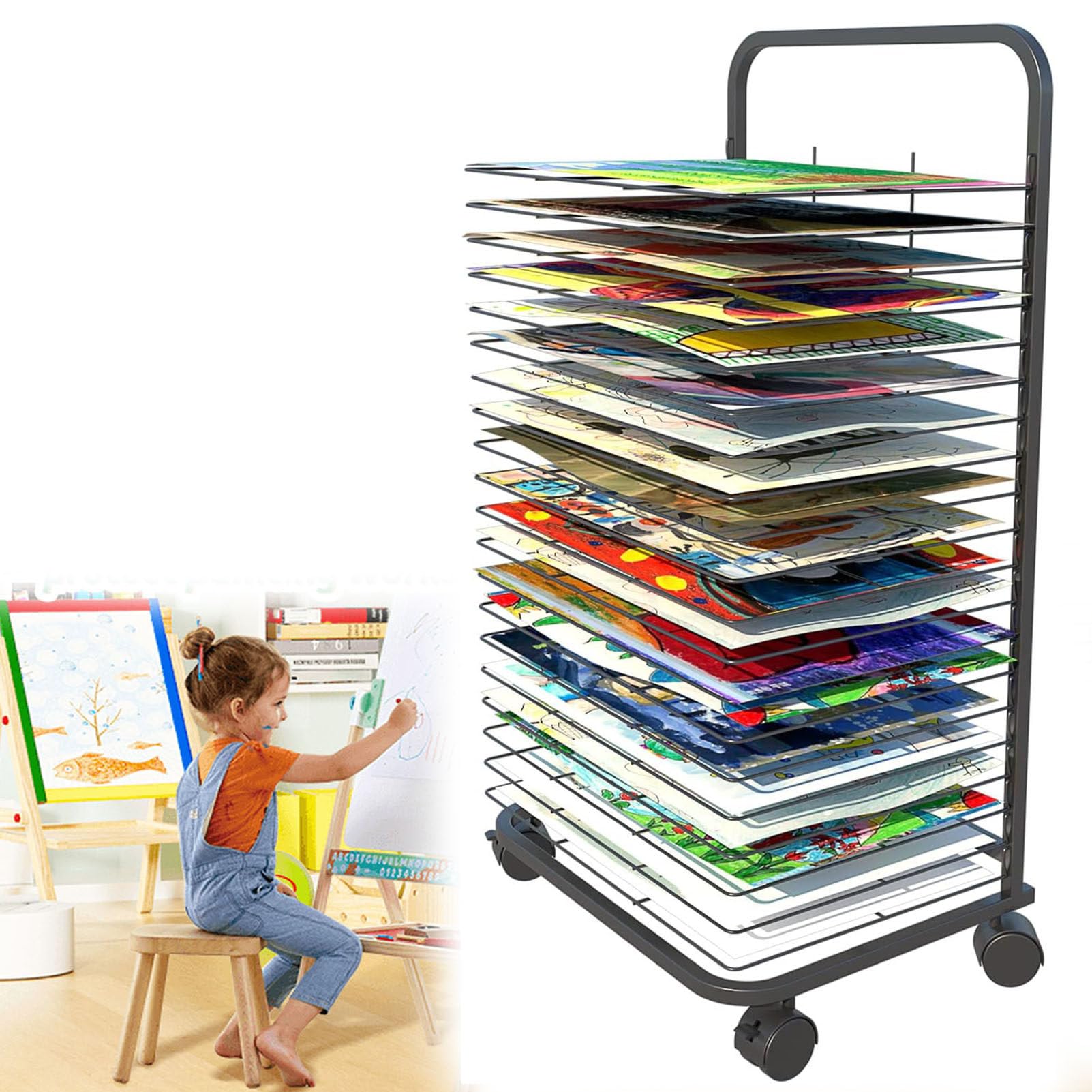 Kunst-Trockengestell für das Klassenzimmer, Farb-Trockengestell, Kunst, 20/25/30/35 Regale, Metall-Kunstwerk-Aufbewahrungs-Display-Stapelgestell mit Rädern für Malereihandwerk im Klassenzimmer,