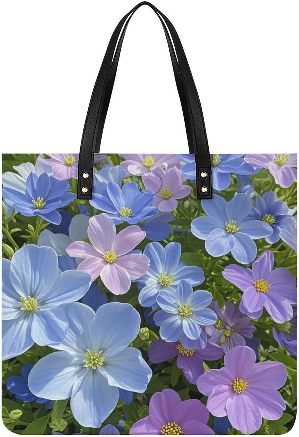 Blue Purple Flowers Tote Bag with Magnetic Buckle Reusable Grocery Bags Lightweight Cross Body Handbag for Daily Essentials