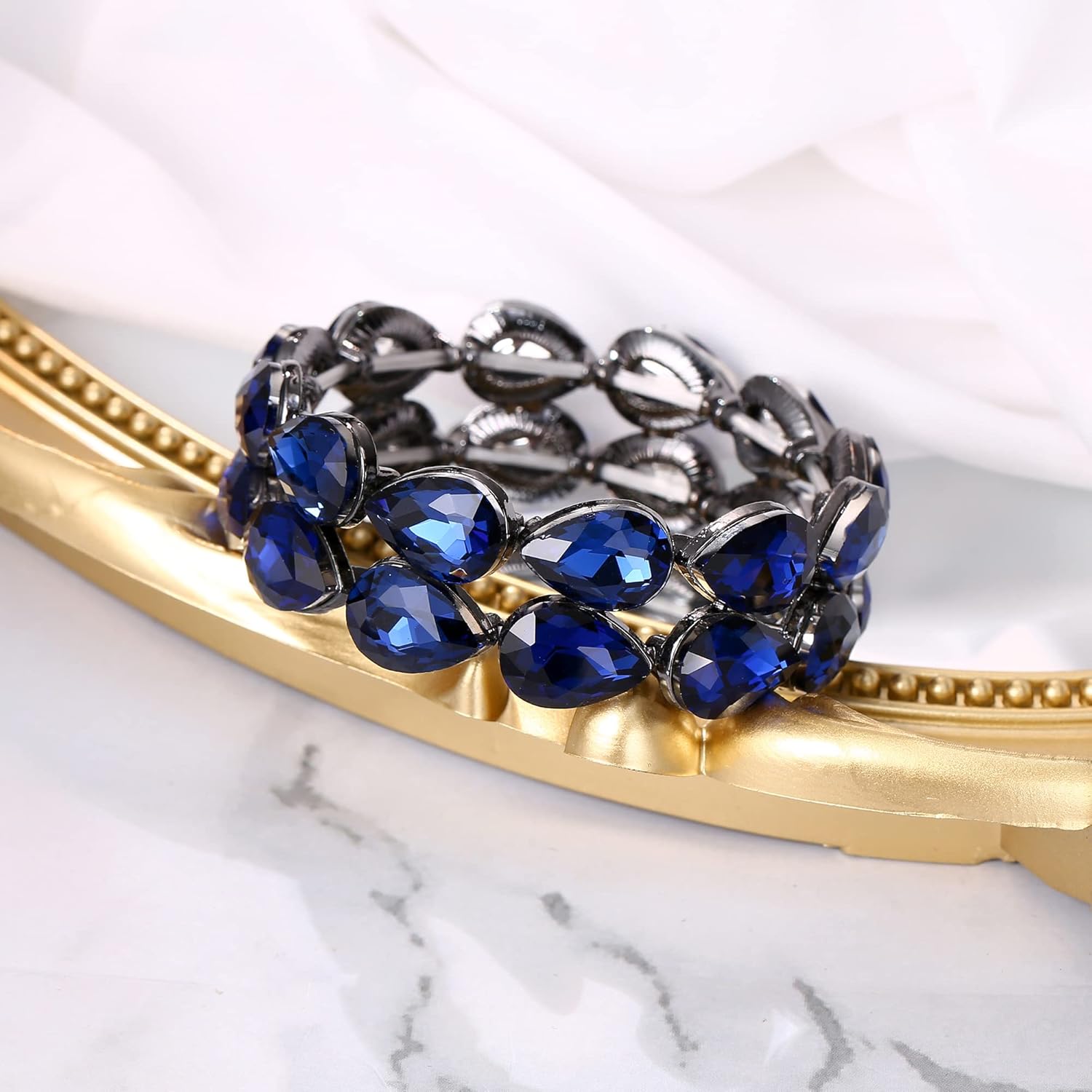 BriLove Wedding Bridal Elegant Crystal Double Row Teardrop Cluster Stretch Bangle Bracelet for Bride - Image 5