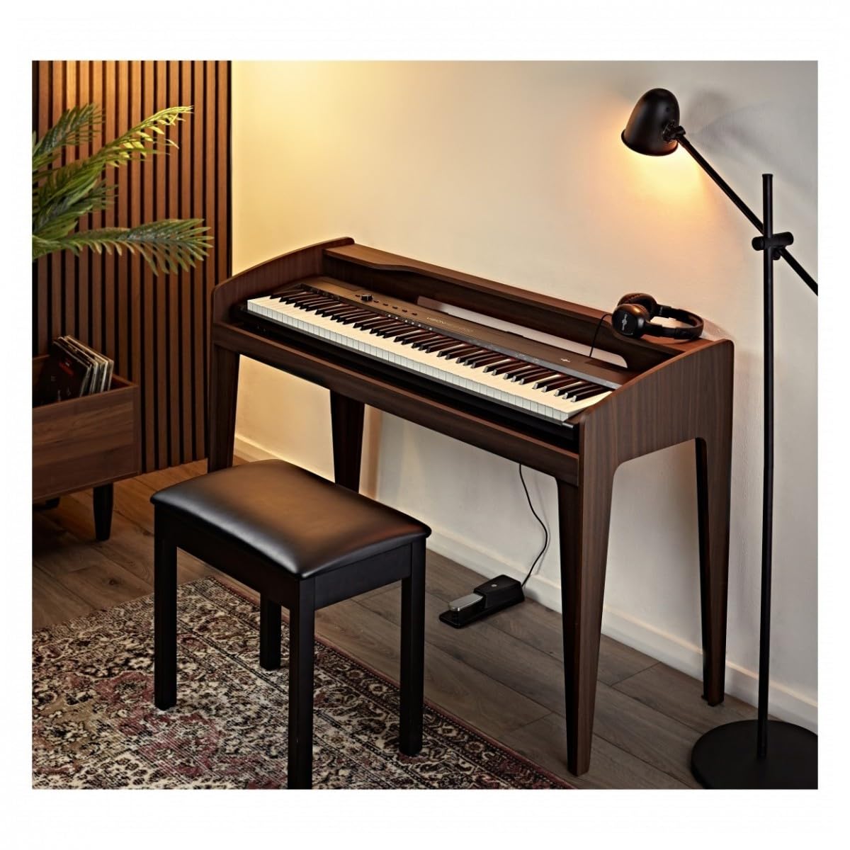 Supporto per Tastiera e Pianoforte Digitale, Universale, in Legno, Noce | Per Tastiere fino a 88 Tasti, Gestione Cavi Posteriore, Senza Viti, Finitura in Legno