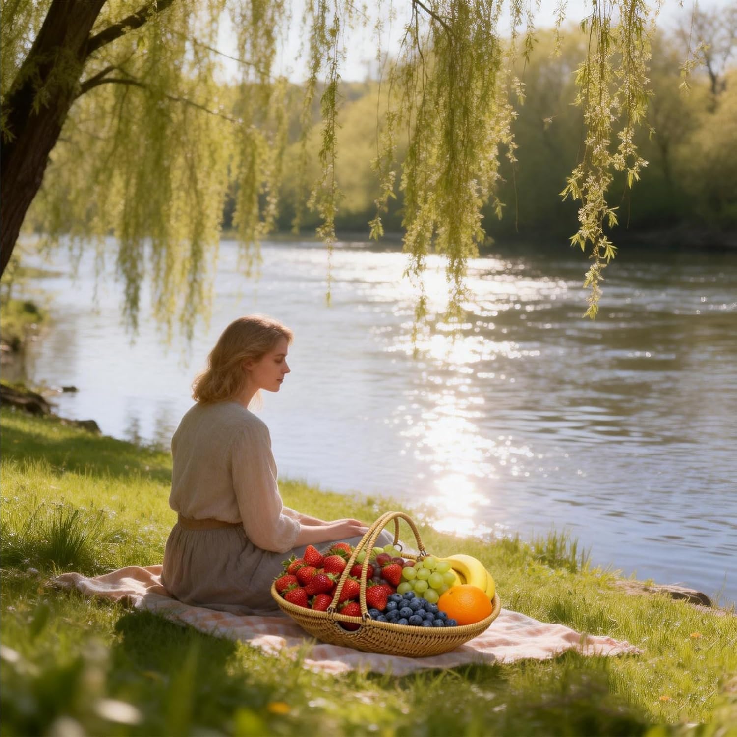 Wicker Picnic Storage Basket with Handle, PP Woven Picnic Basket Wicker Woven Basket for Outdoor Camping, Beach, Park, Can Store Fruits Vegetables Flowers Snacks(L 33.5x22.5x23cm)