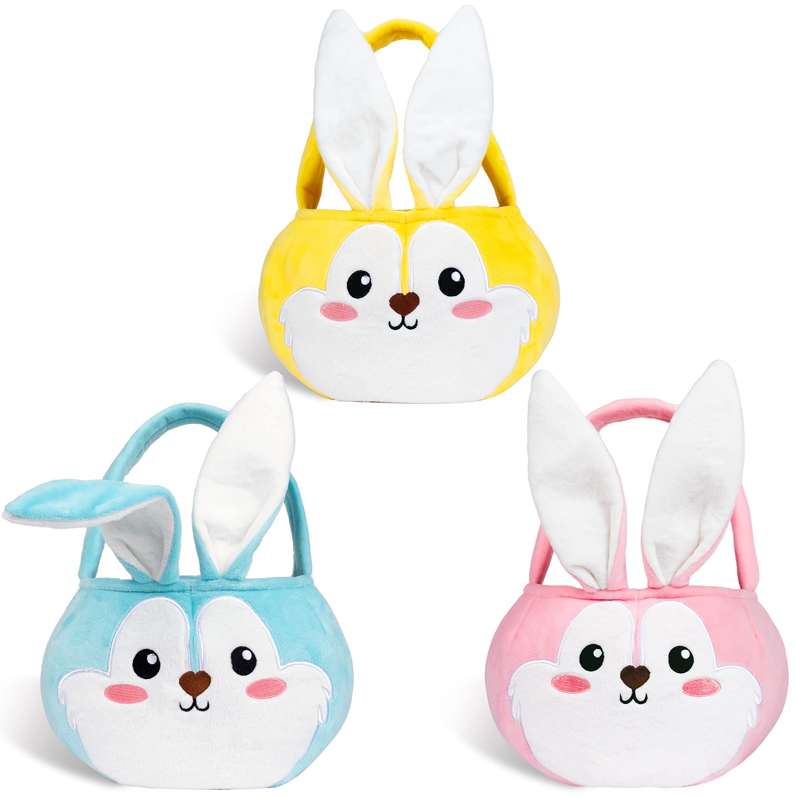 Easter Baskets 3 Pack Cute Empty Bunny Basket with Foldable Ears and Handle for Kids Boy Girl Gift, Easter Decor Set 3 Pink Blue Yellow