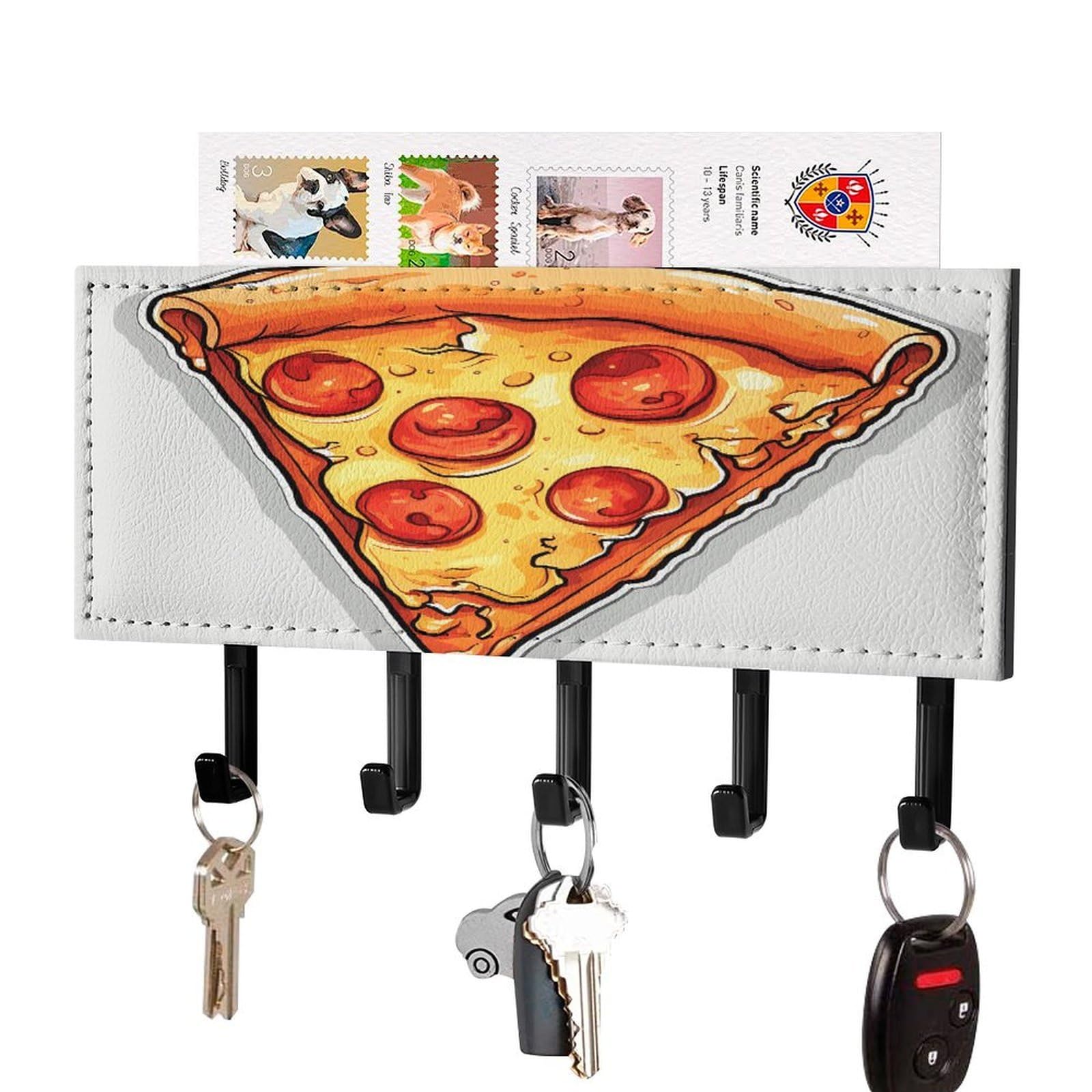 Fekiloot Black-Style Cartoon Pizza Key Holder Wall Mount Key Hanger With 5 Hooks Decorative Key Rack Hanging Key Hooks With Mail Organizer Key Holder For Wall Living Room Kitchen Bathroom Hallway Black
