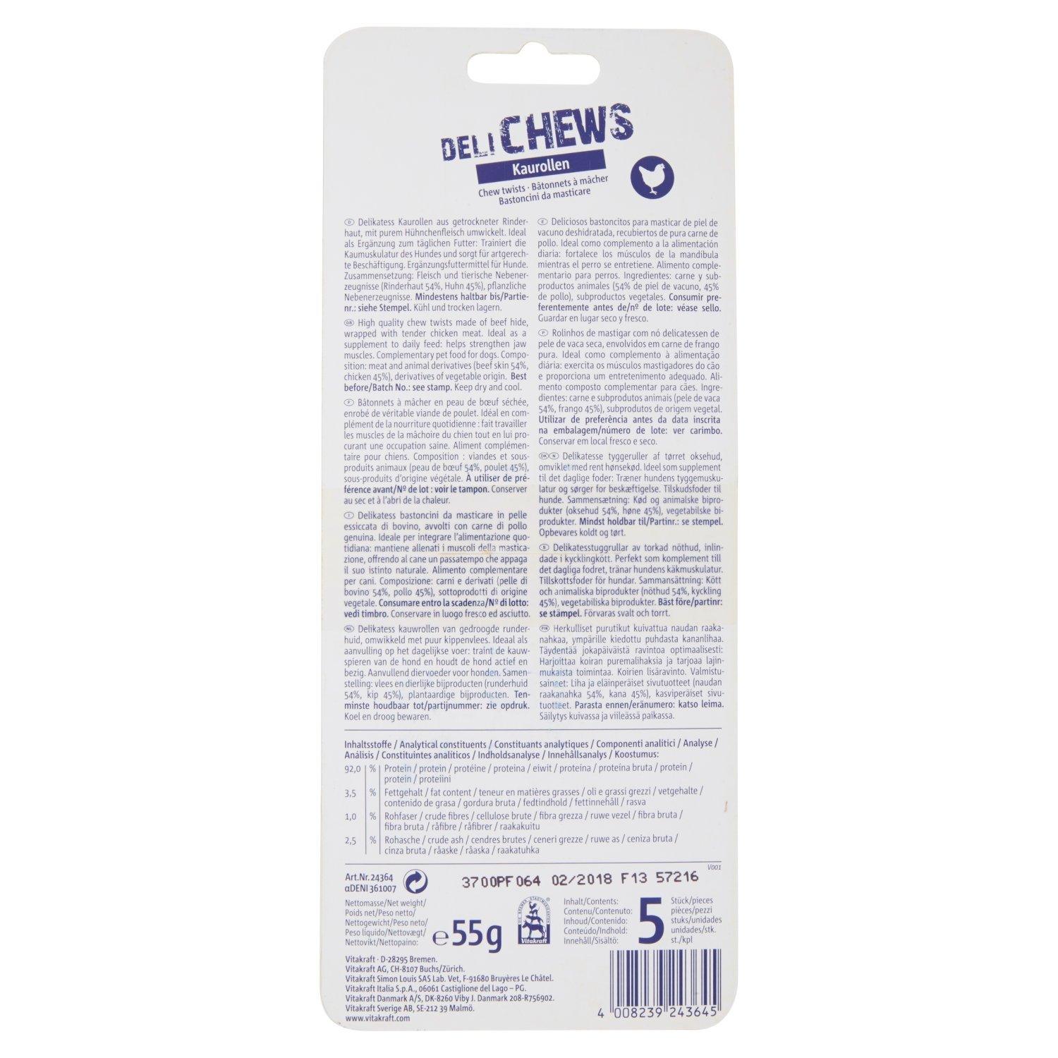VITAKRAFT - Deli Chews - Bâtonnets À Mâcher Pour Chien - Friandises Chien - Os À Mâcher Au Poulet - En Peau de Buffle Séchée - Taille S - Pack de 5 Bâtonnets Chien