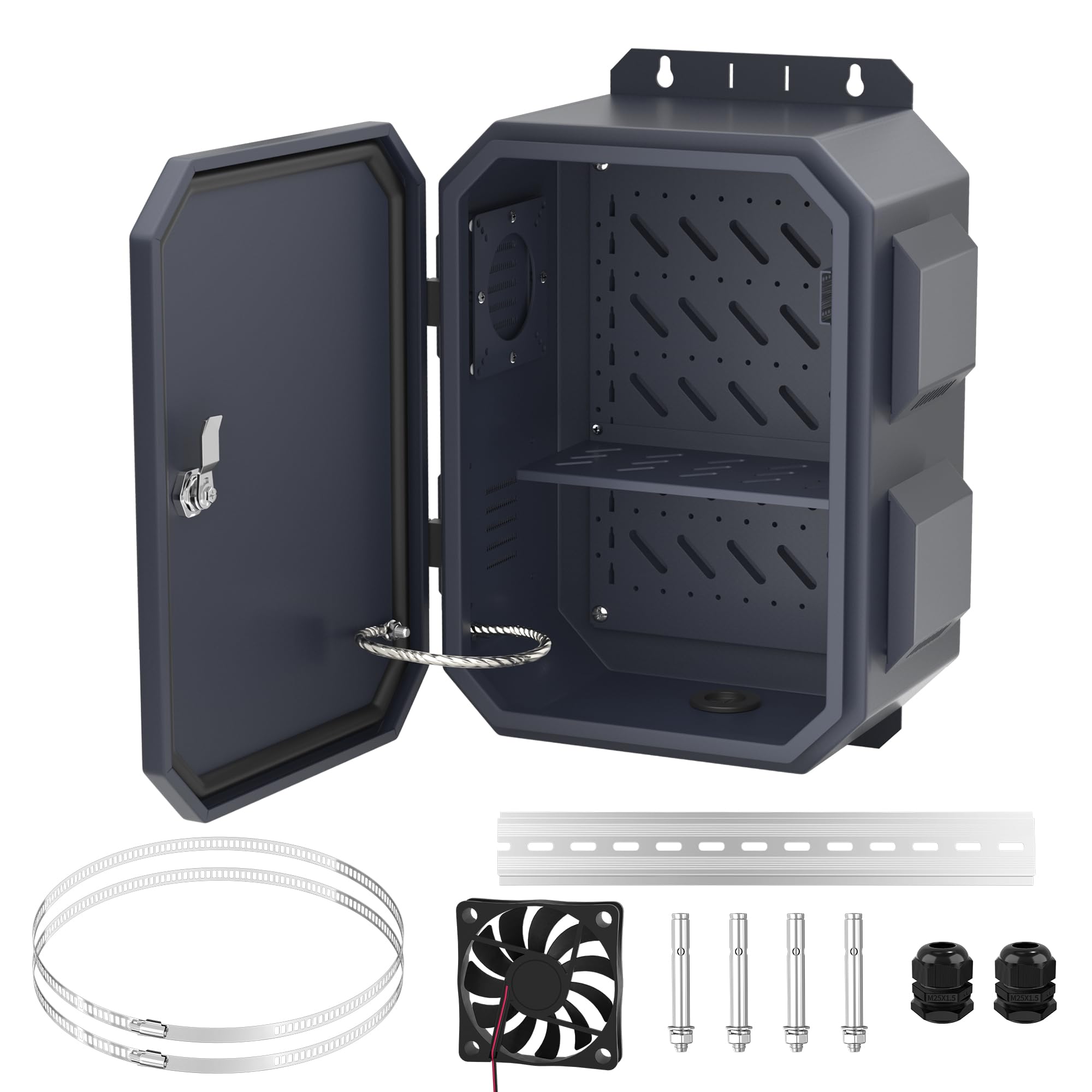 Joinfworld Outdoor Electrical Box Metal Waterproof Electrical Junction Box IP65 Vented Enclosure Weatherproof with Cold-Rolled Steel Plate Fan Din Rail Cable Gland 15.7