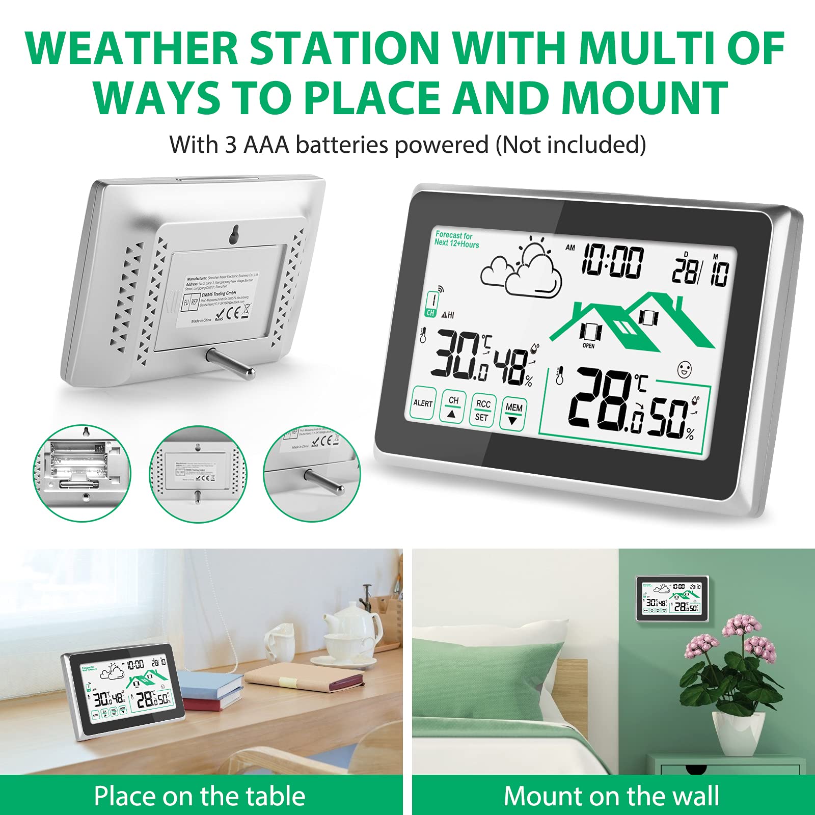 Stazione Meteo con Sensore Esterno, Termometro Digitale Igrometro per Interni ed Esterni, Schermo LCD con Retroilluminazione 12/24 ore Previsioni Meteo Automatiche per Ufficio Casa Camera da Letto