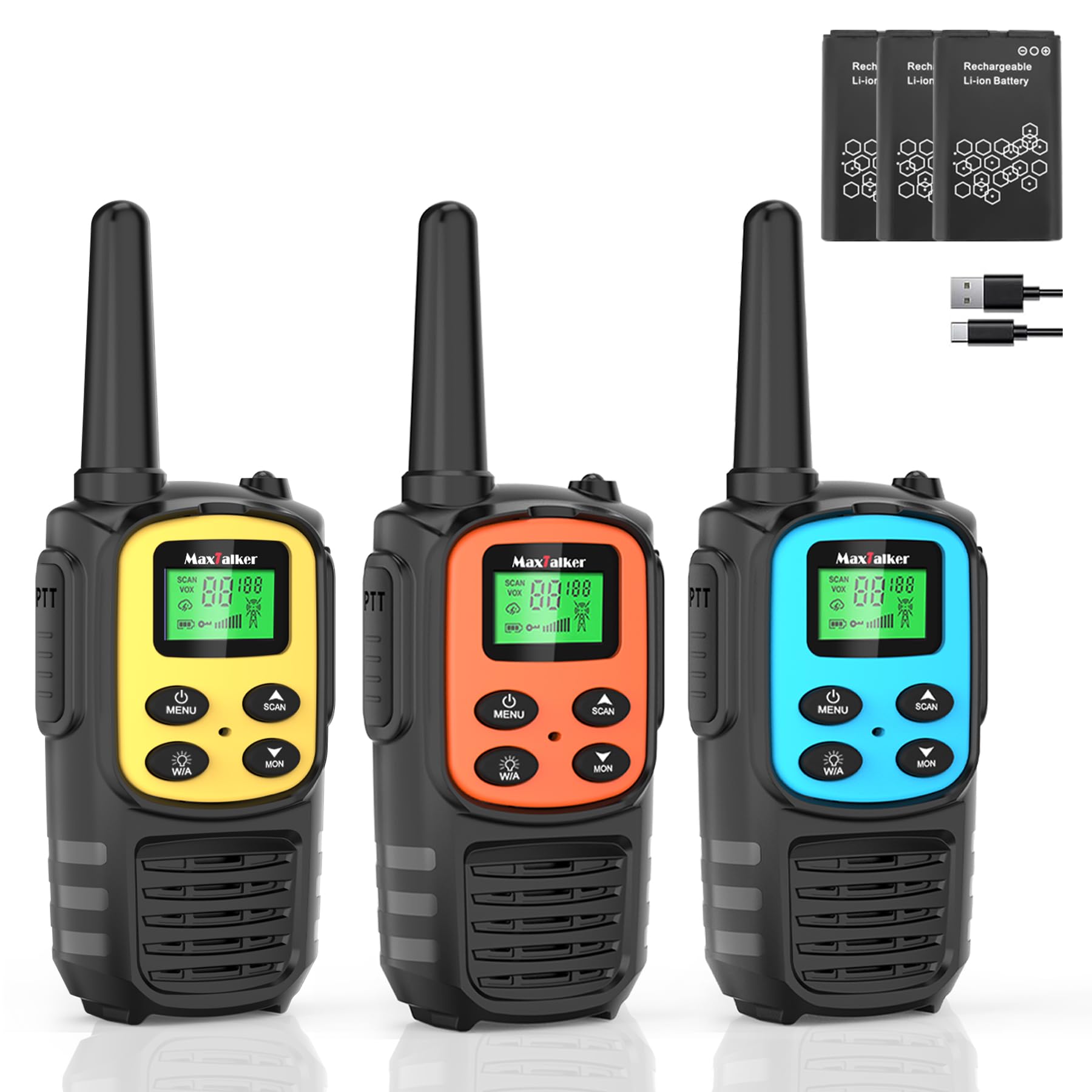 Walkie Talkie 3er Set, Funkgeräte Aufladbar für Erwachsene Kinder, PMR Funkgerät mit 1200mAh Akku & USB-C Kabel, Walki Talki für Camping & Outdoor