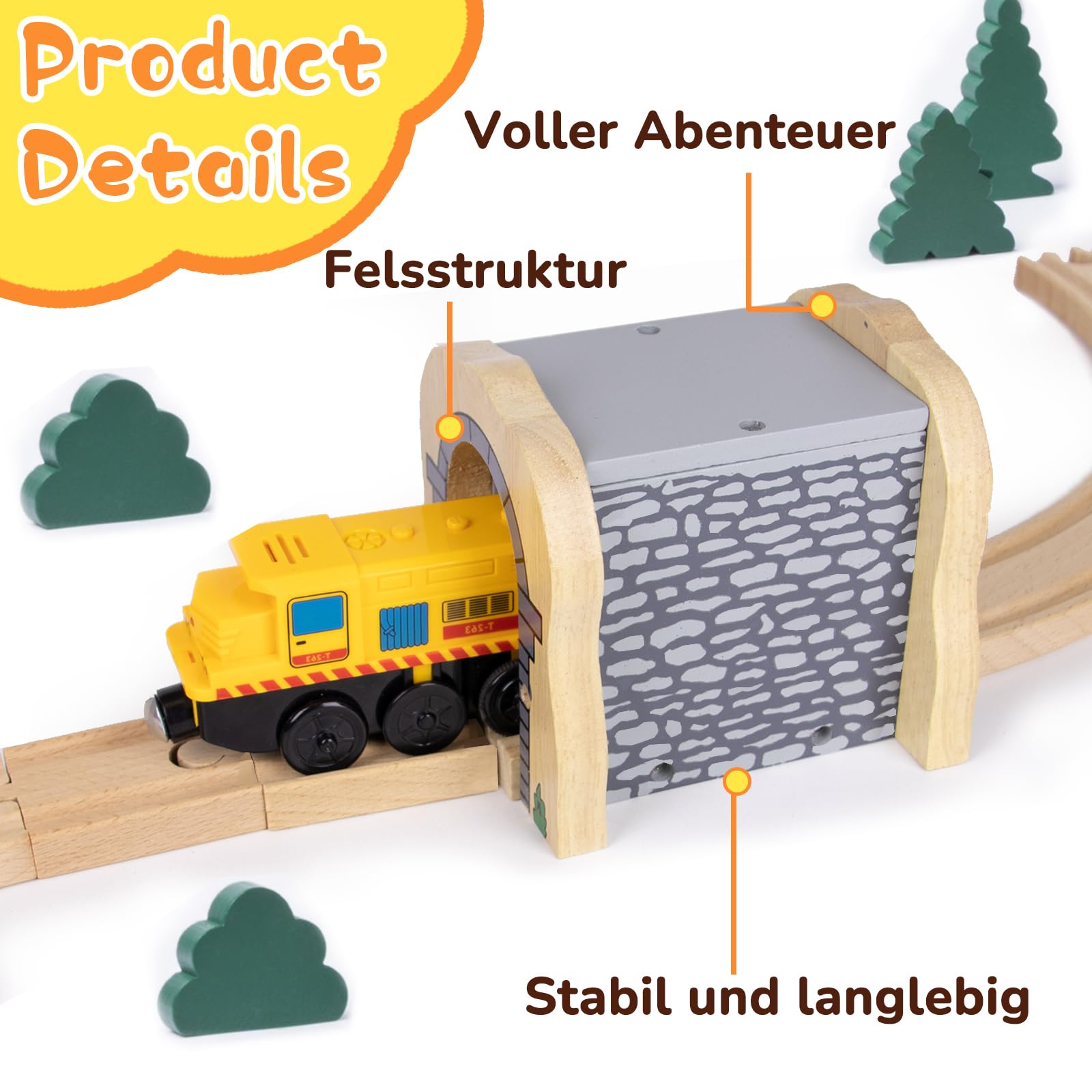 Accesorios de tren de madera para niños a partir de 3 años, túnel de piedra gris