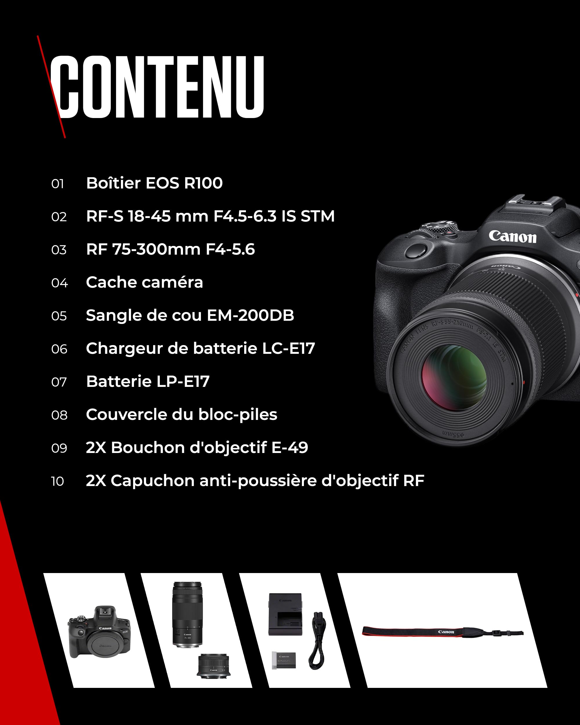 Canon EOS R100 Appareil Photo avec Objectif RF-S 18-45mm + RF 75-300mm Kit Double Zoom, Appareil Photo Hybride APS-C, Autofocus CMOS Dual Pixel, Vidéo 4K, Prise de Vue en Continu Jusqu’à 6,5 IPS