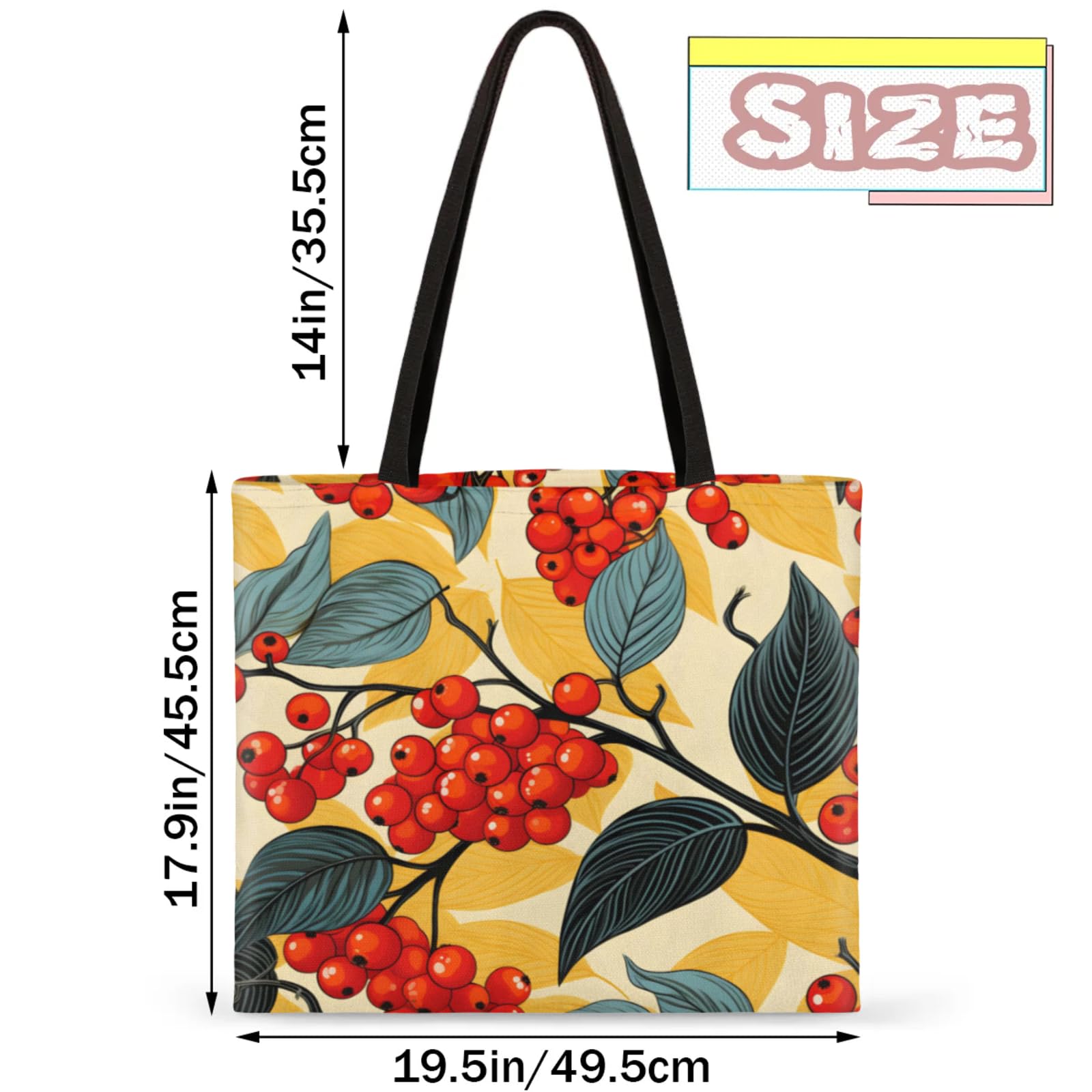 Mularoka Berry Leaves Watercolour Square Canvas Tote Bag Top Handle Purses Stylish Women Canvas Shoulder Tote Bags Reusable Handbags for Work Travel Picnic Beach Shopping Gym Hiking