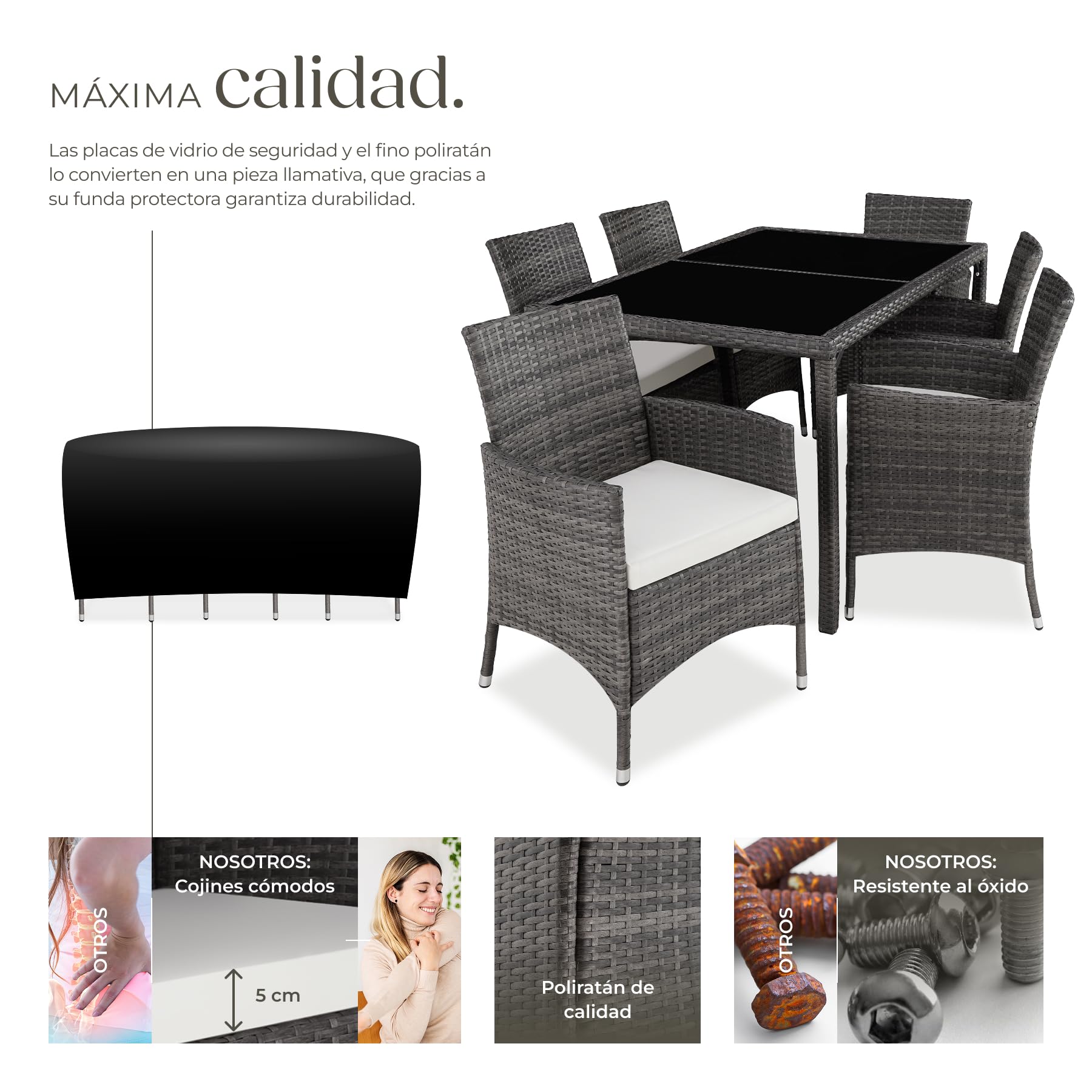 tectake® Conjunto Jardín Exterior de Ratán y Aluminio, Muebles Jardín Exterior Resistentes a Intemperie, para hasta 6 Personas, con Tornillos de Acero INOX. y Funda Protectora - Gris