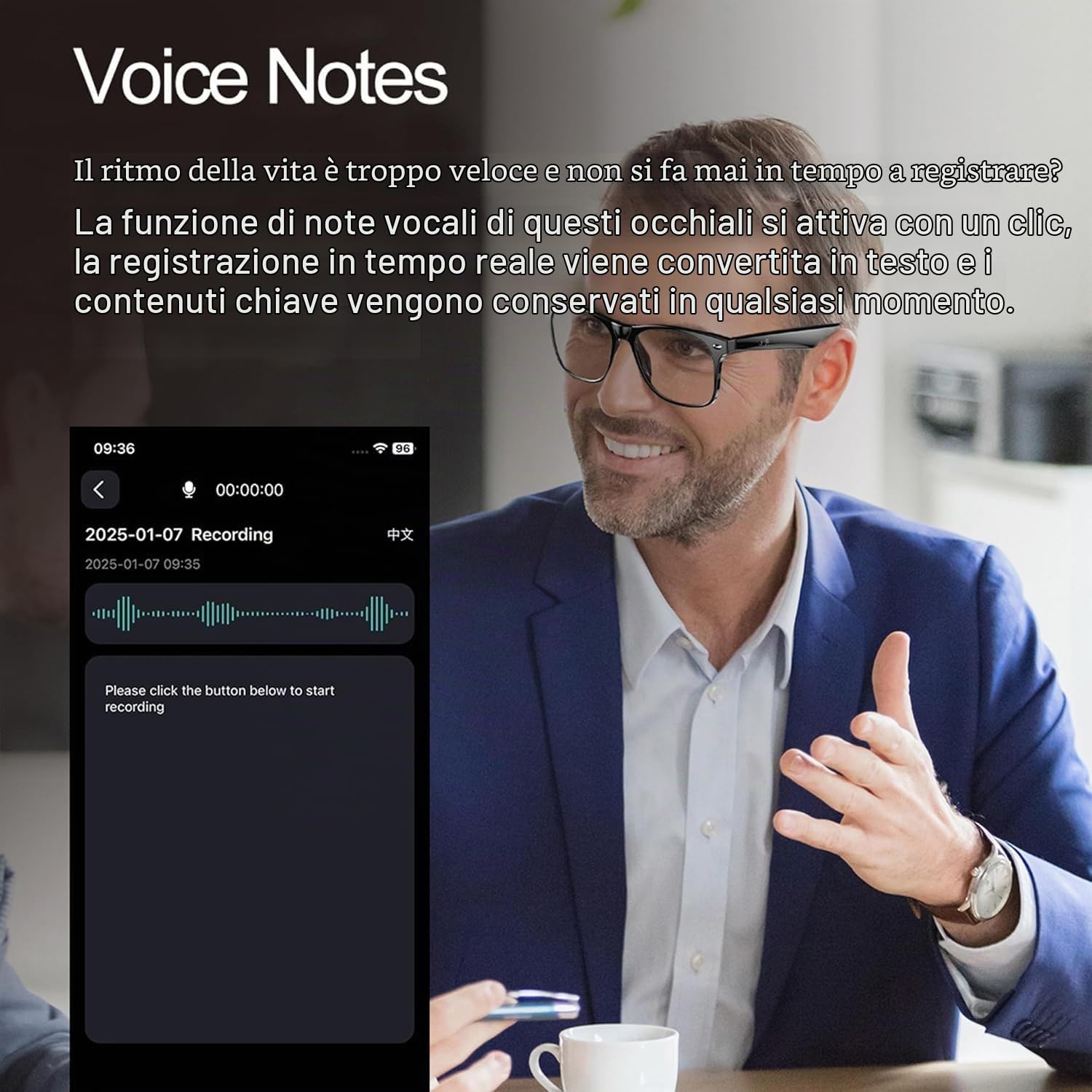 Occhiali Intelligenti AI con Traduzione in Tempo Reale in 163 Lingue, Assistente Vocale Intelligente, Note Vocali, Servizio Fotografico Remoto, Batteria 10H, IP65